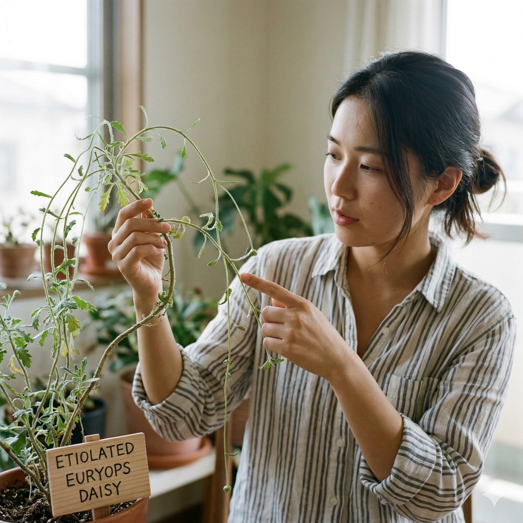 ユリオプスデージー 木質化6　日照不足が原因でひょろひょろと細長く伸びたユリオプスデージーの徒長枝