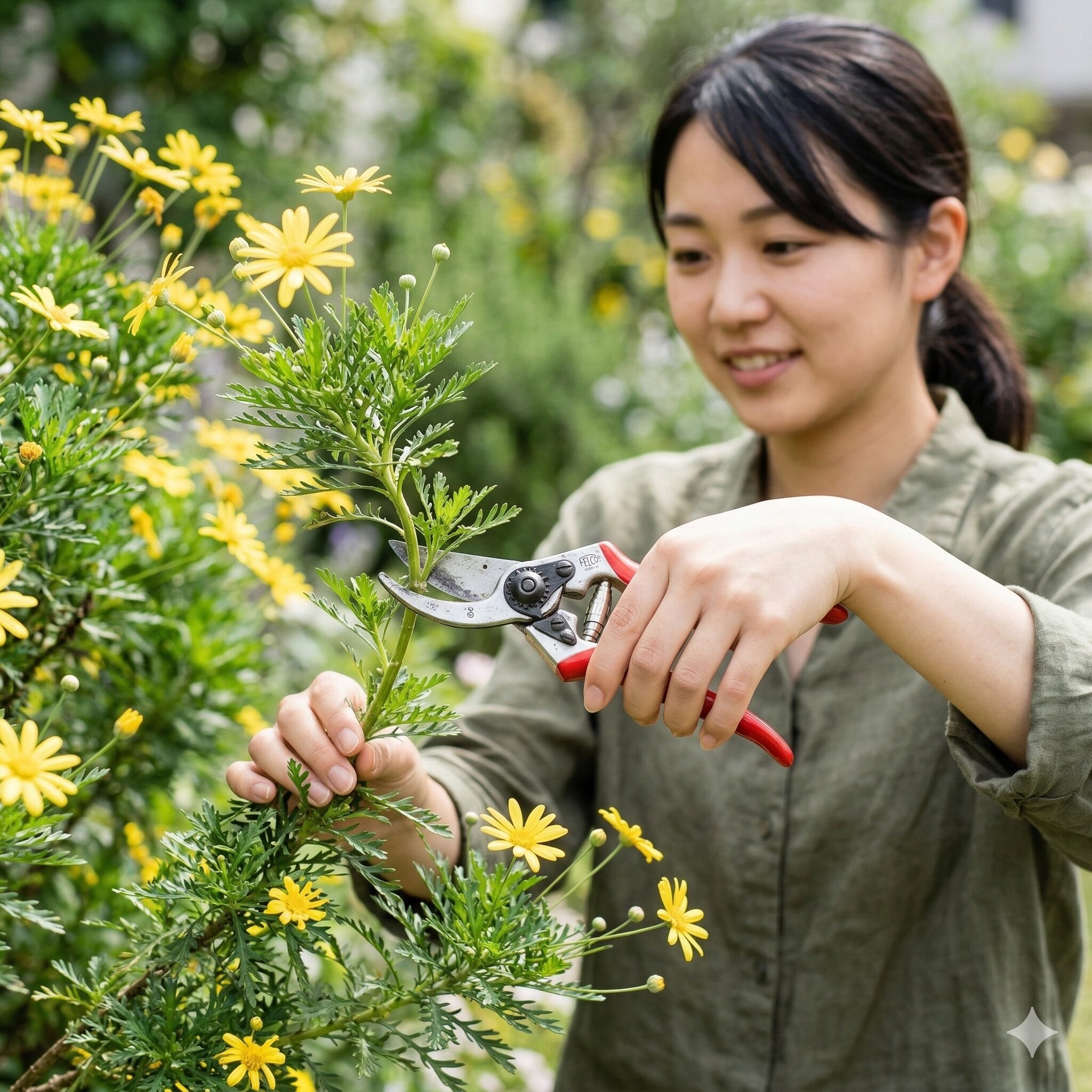 ユリオプスデージー 木質化7　ユリオプスデージーの切り戻し剪定でハサミを入れる正しい位置の解説