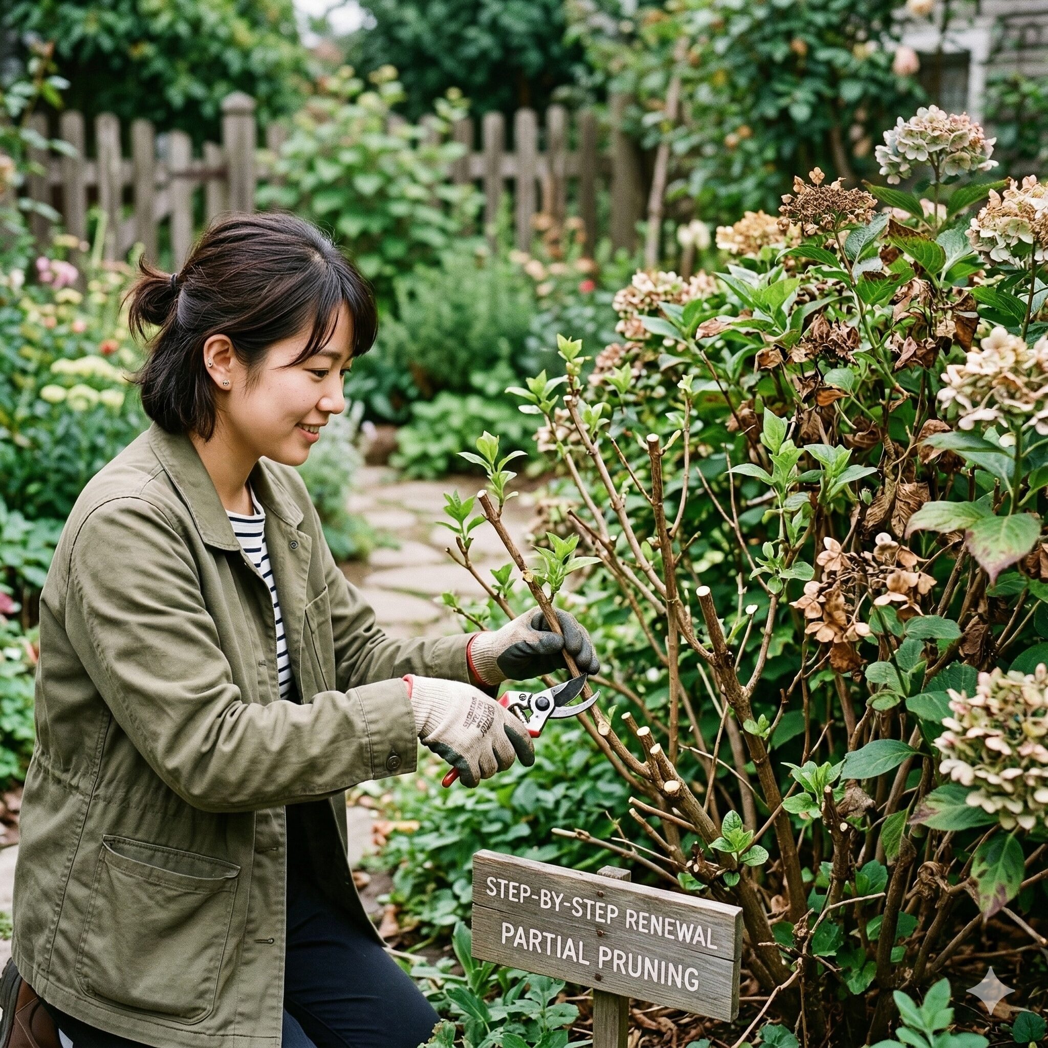 ユリオプスデージー 木質化8　株の負担を減らすために数回に分けて行うユリオプスデージーの三分割剪定法