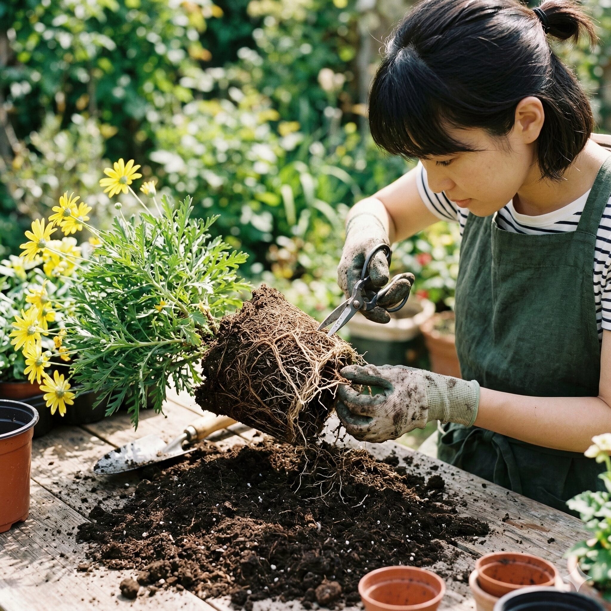 ユリオプスデージー 木質化9　植え替え時にユリオプスデージーの古い根をハサミで整理するリフレッシュ作業