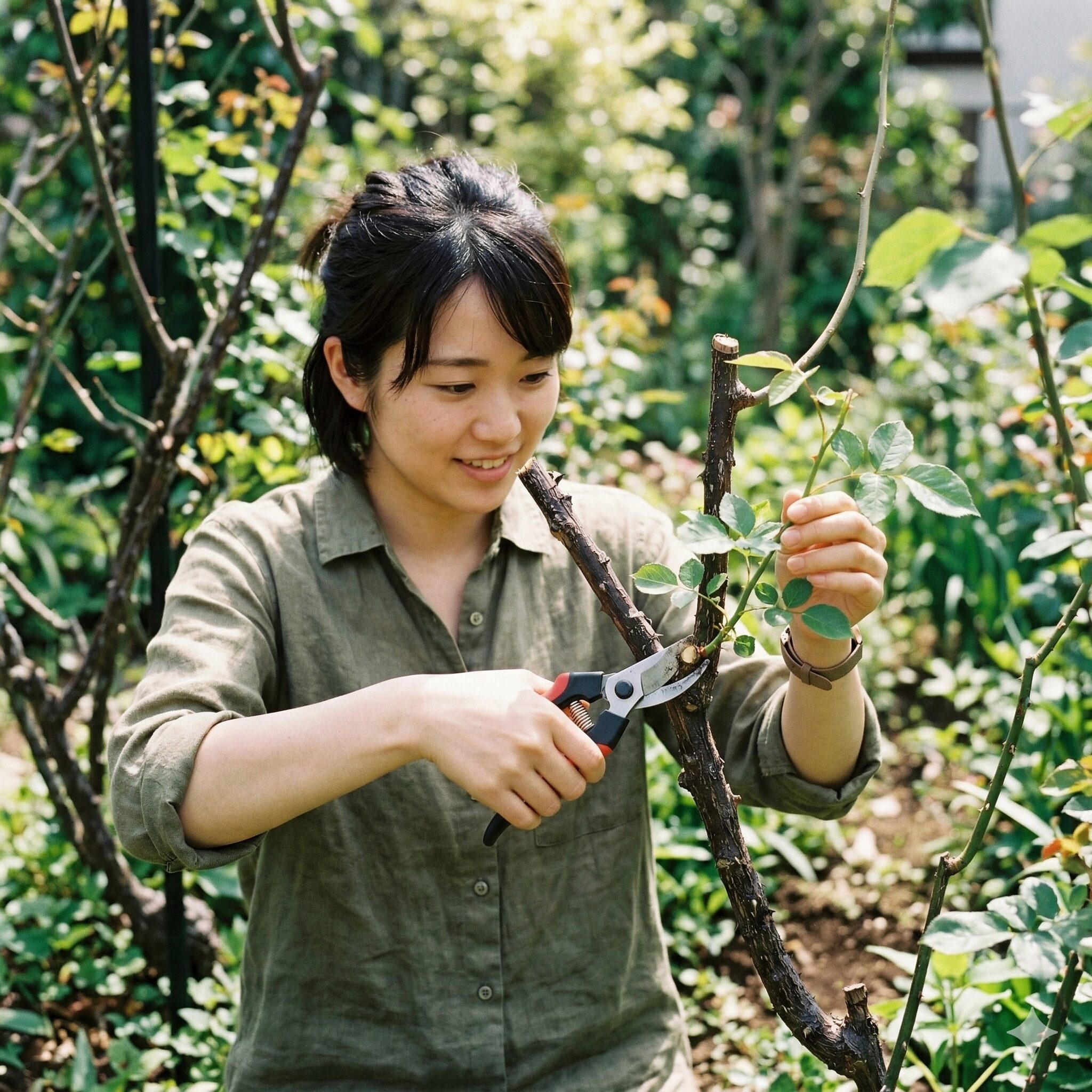 ユリオプスデージー 葉が枯れる10　緑色の葉を残して適切な位置で切り戻し剪定を行う様子