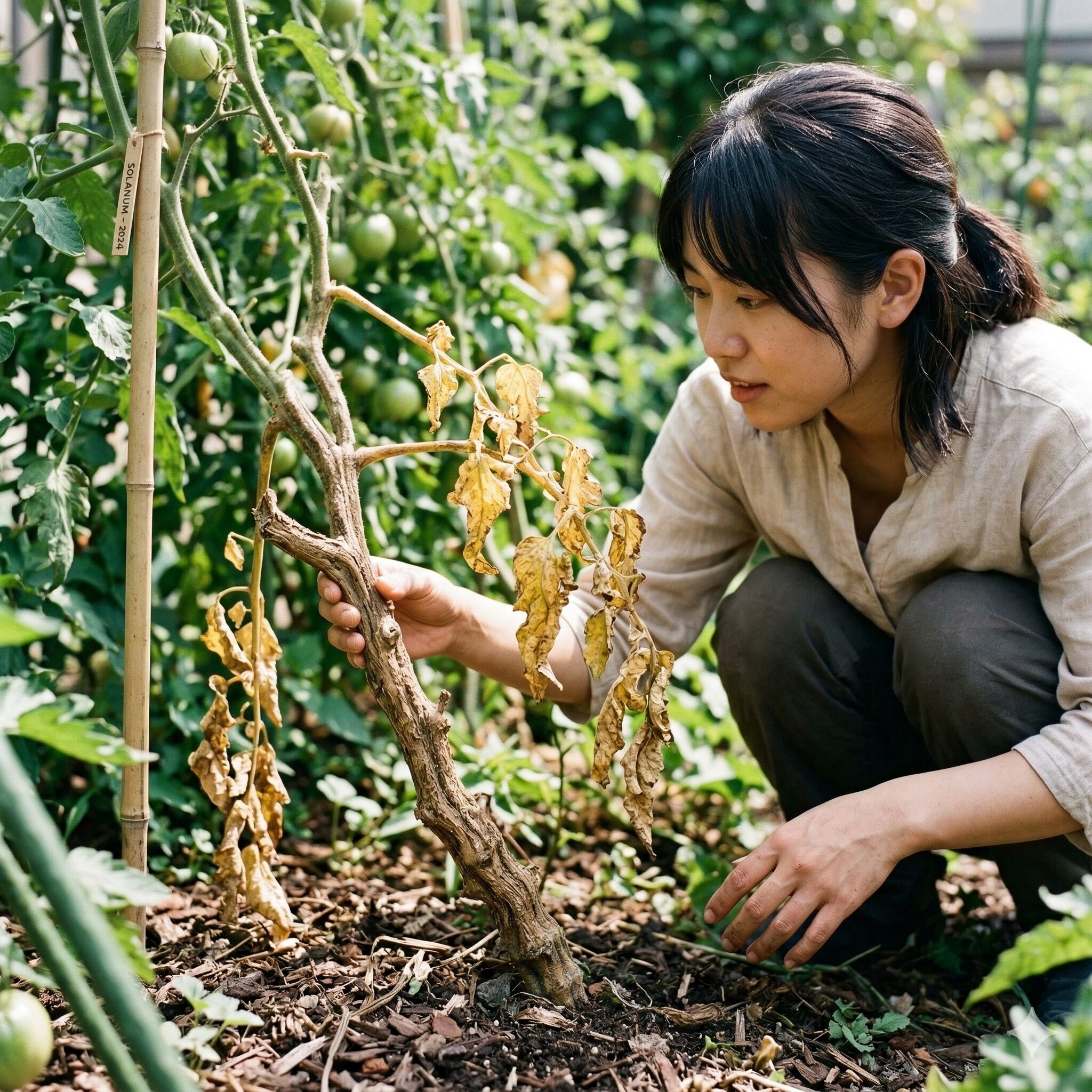 ユリオプスデージー 葉が枯れる2　木質化した茎の近くで老化により黄色く枯れたユリオプスデージーの下葉