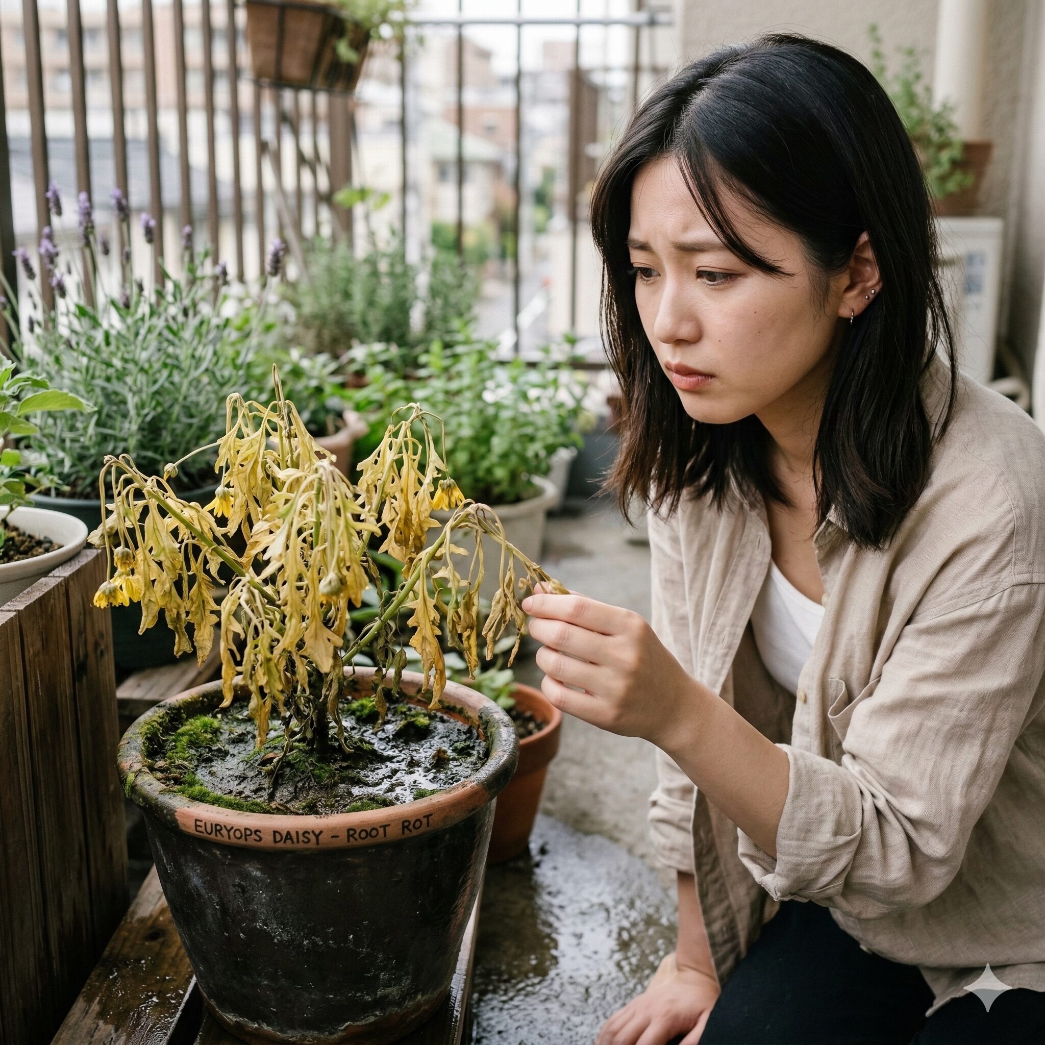 ユリオプスデージー 葉が枯れる3　根腐れが原因で黄色く変色しぐったりと萎れたユリオプスデージーの葉