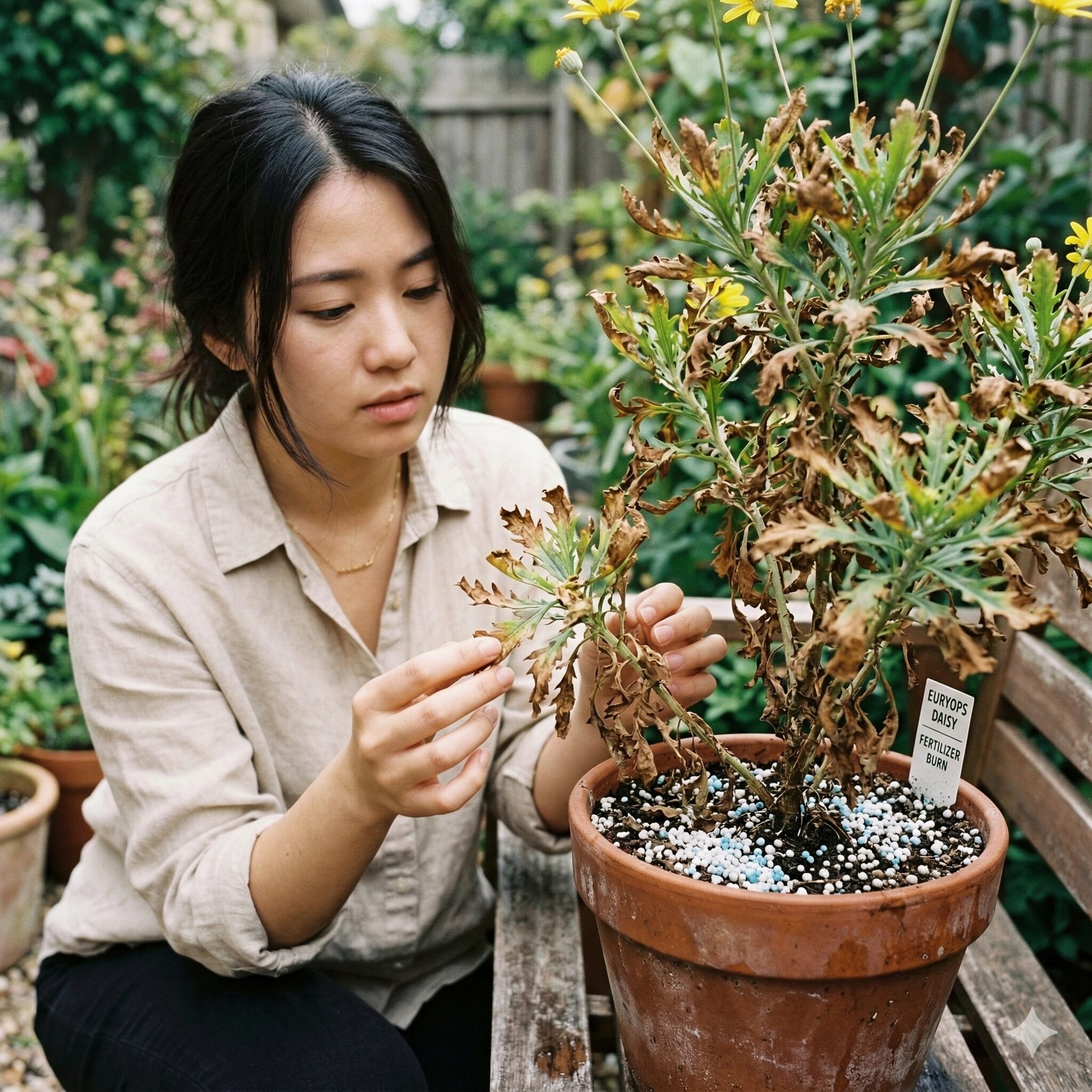 ユリオプスデージー 葉が枯れる5　肥料焼けによって葉先が茶色く枯れ上がったユリオプスデージー