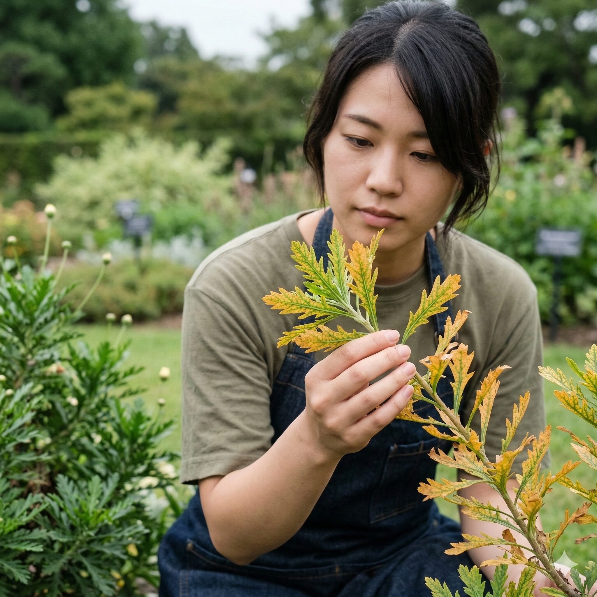 ユリオプスデージー 葉が枯れる6　鉄分やマグネシウム不足で葉脈を残して黄色くなったユリオプスデージーの葉