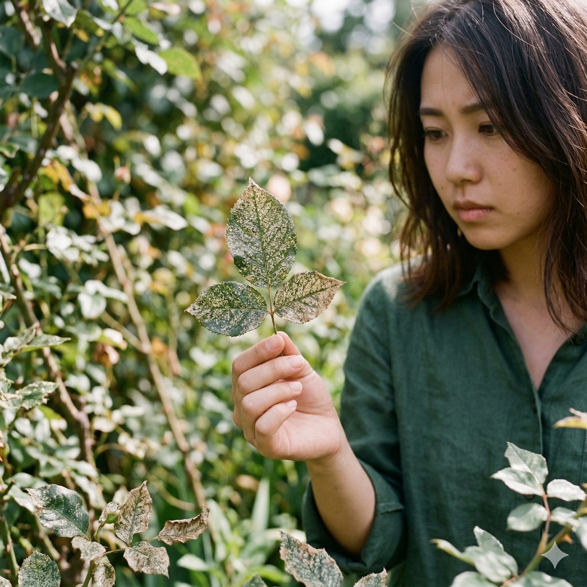 ユリオプスデージー 葉が枯れる7　ハダニの被害により白い斑点が現れ色が抜けたユリオプスデージーの葉