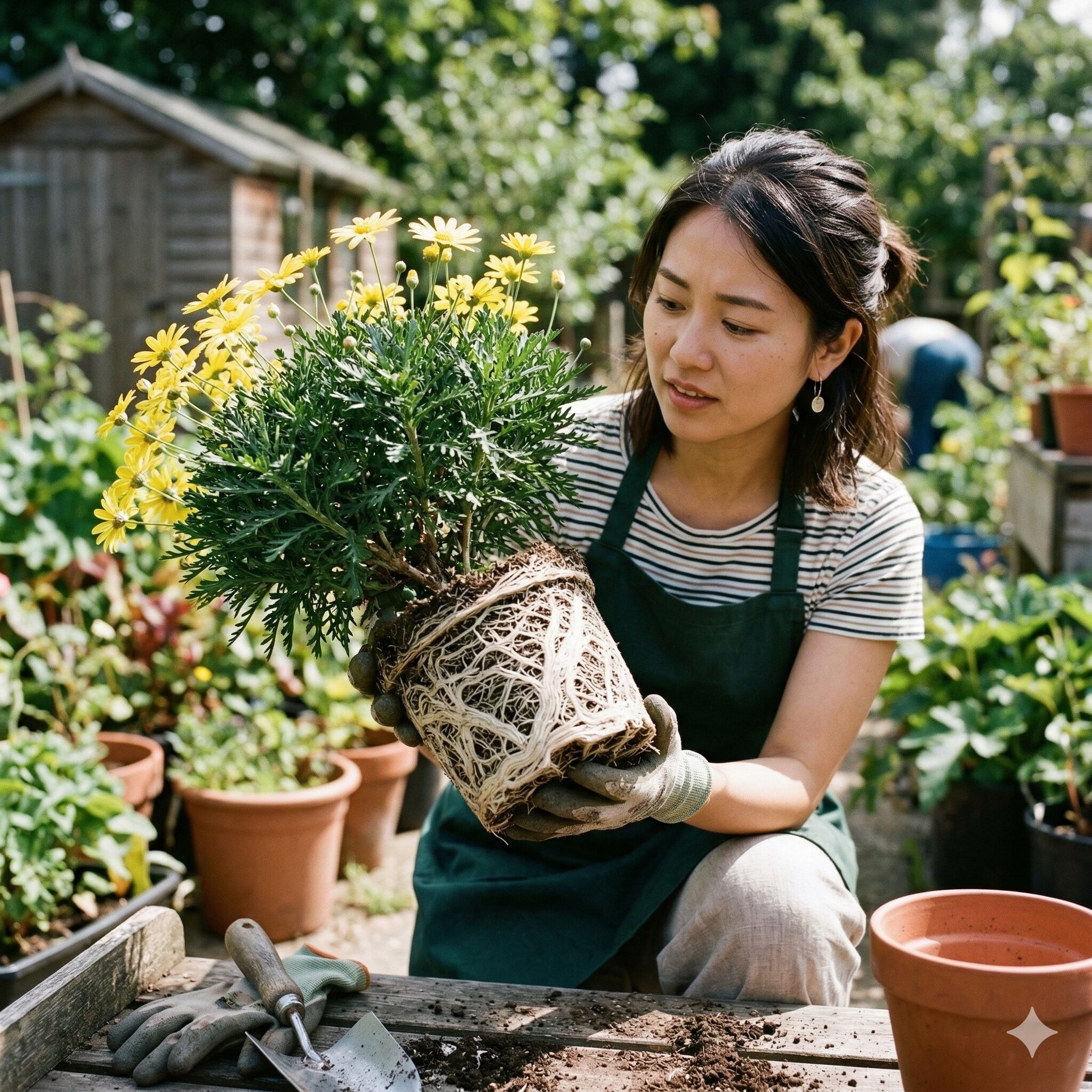 ユリオプスデージー 葉が枯れる9　鉢いっぱいに根が回り根詰まりを起こしたユリオプスデージーの根鉢