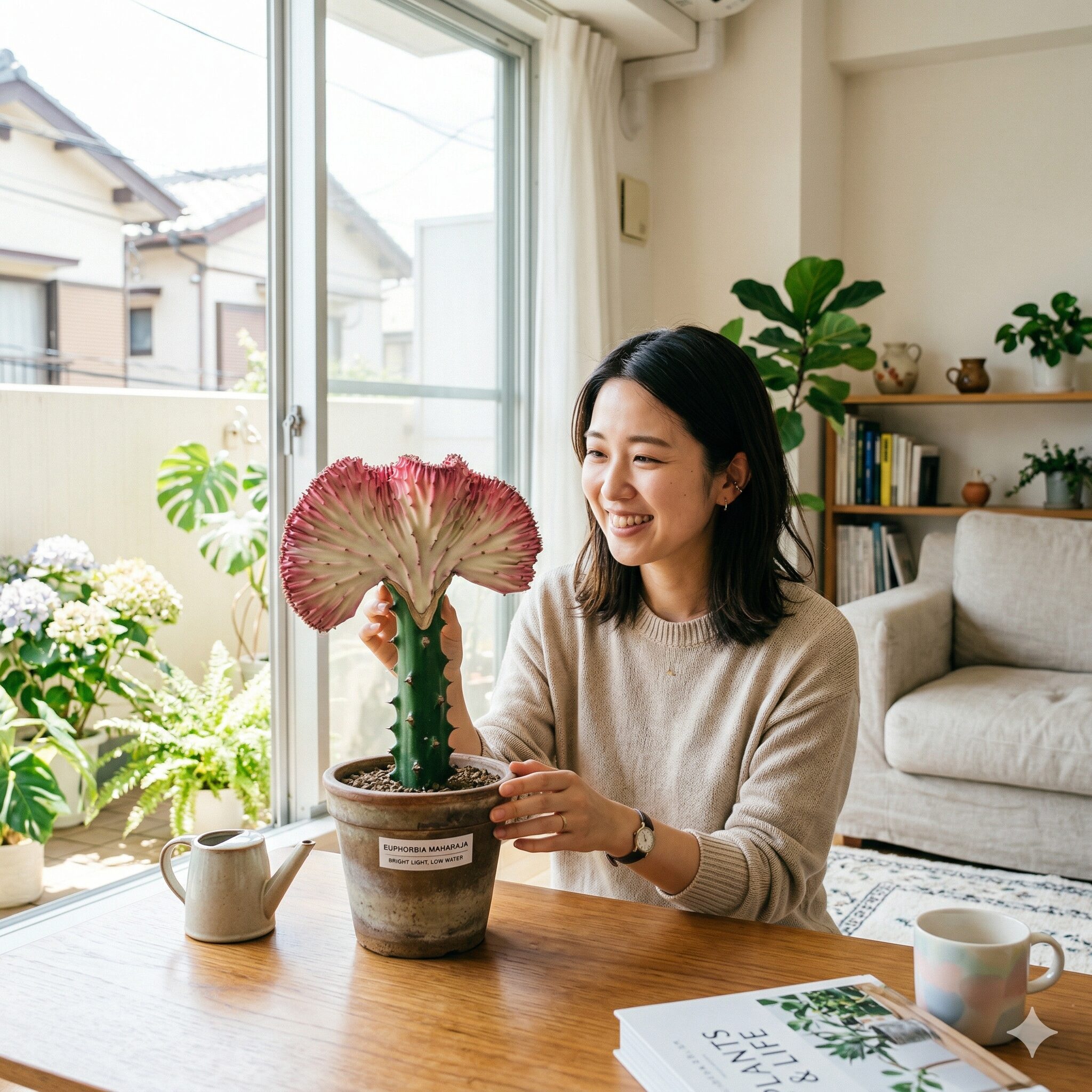 ユーフォルビア マハラジャ 寿命1　明るい室内で元気に育つ扇のような形の多肉植物ユーフォルビア・マハラジャ