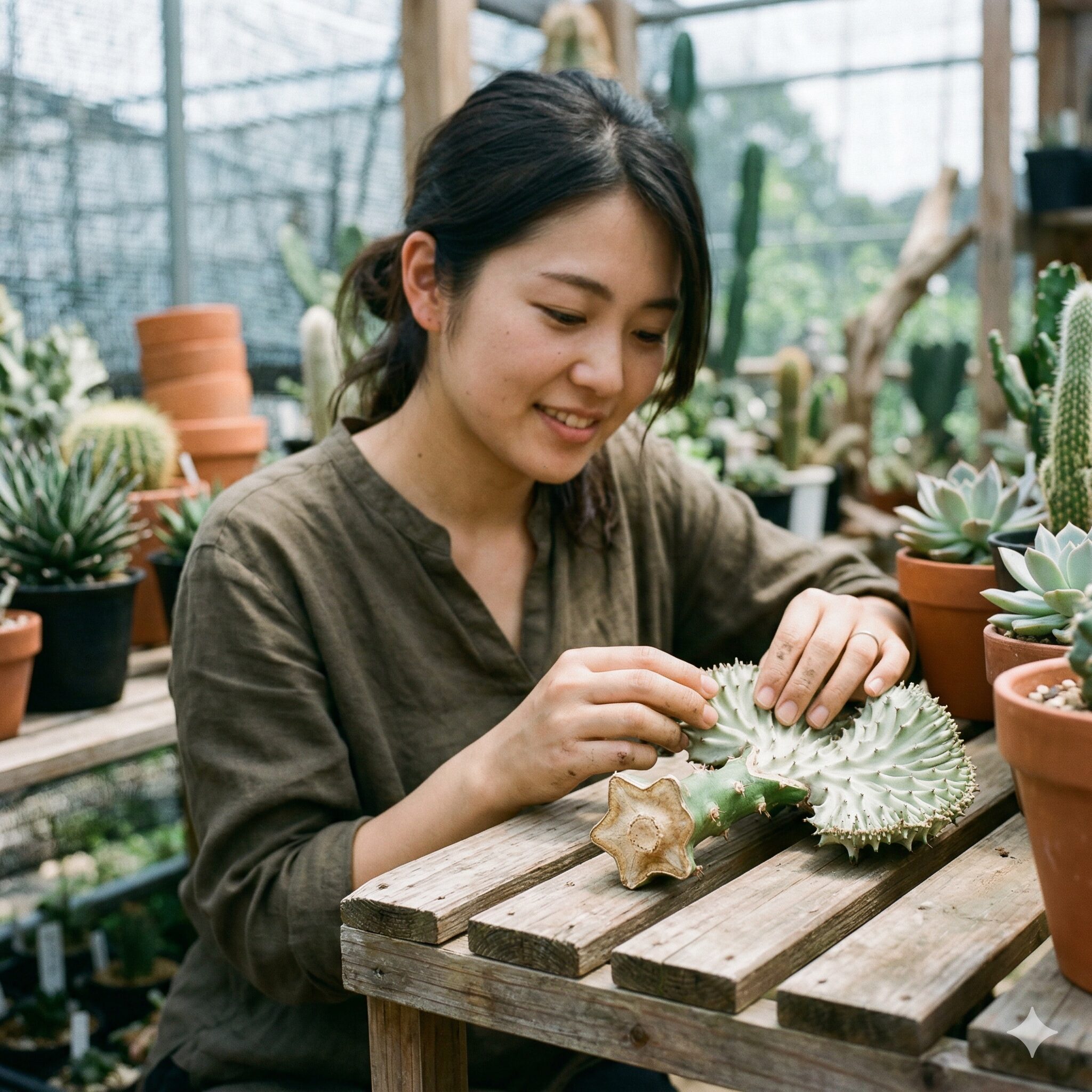 ユーフォルビア マハラジャ 寿命10 挿し木のために切り口を数日間しっかりと乾燥させているマハラジャの穂木