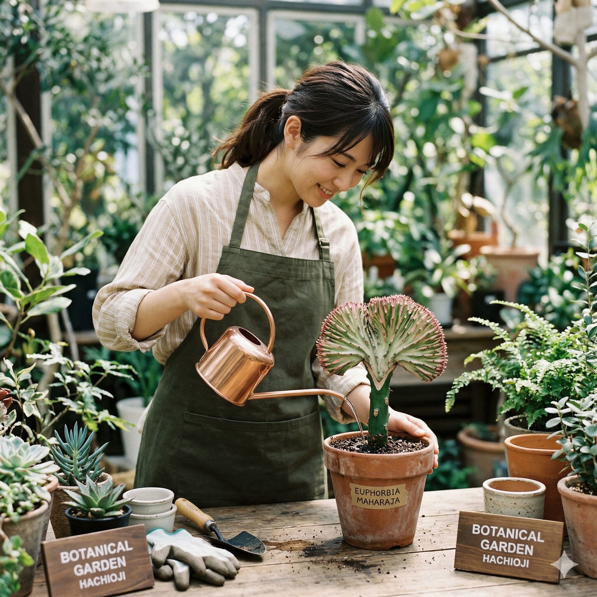 ユーフォルビア マハラジャ 寿命3 細口じょうろでユーフォルビア・マハラジャの株元へ丁寧に水やりをする様子
