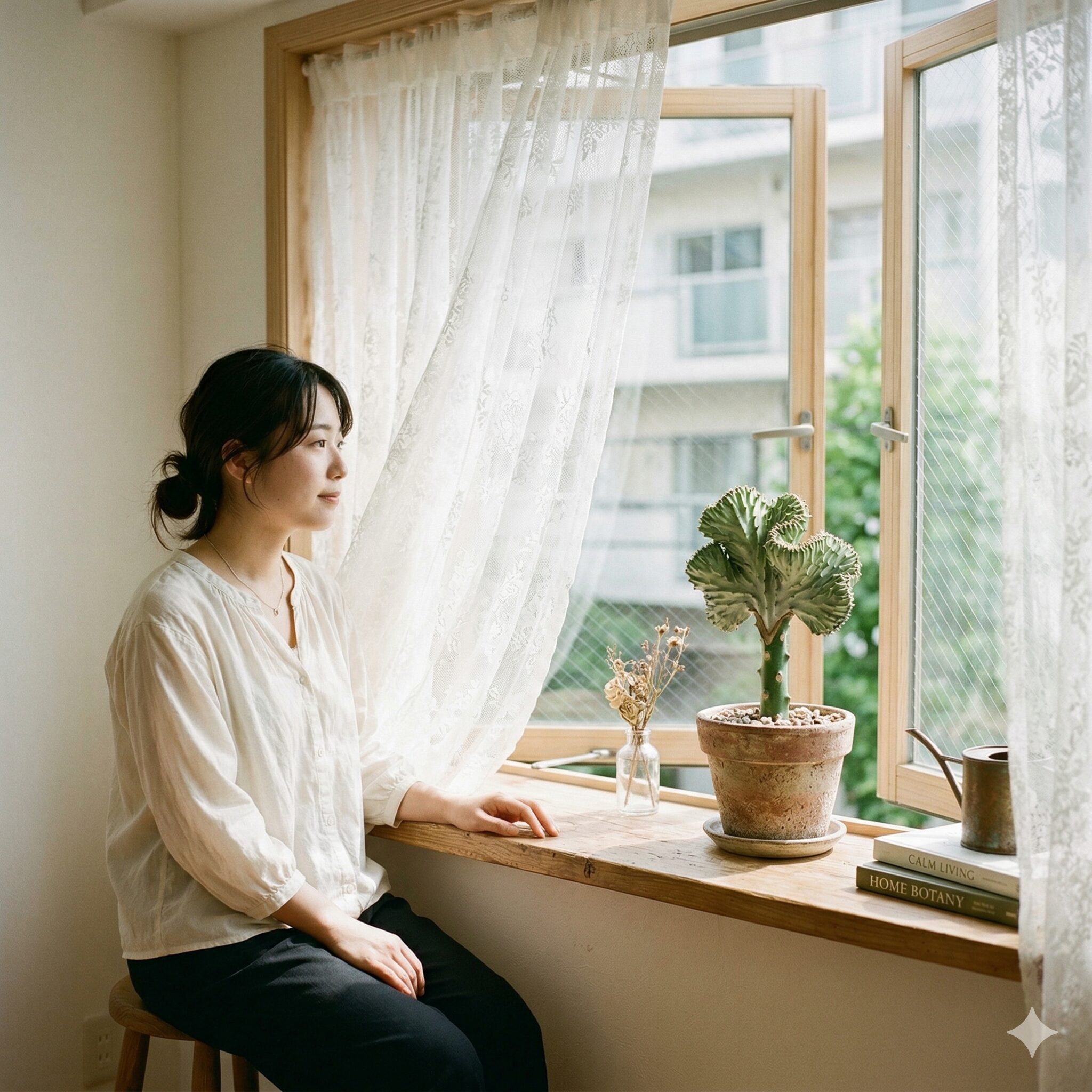 ユーフォルビア マハラジャ 寿命4 レースのカーテン越しに明るい間接光が当たる場所に置かれたマハラジャ