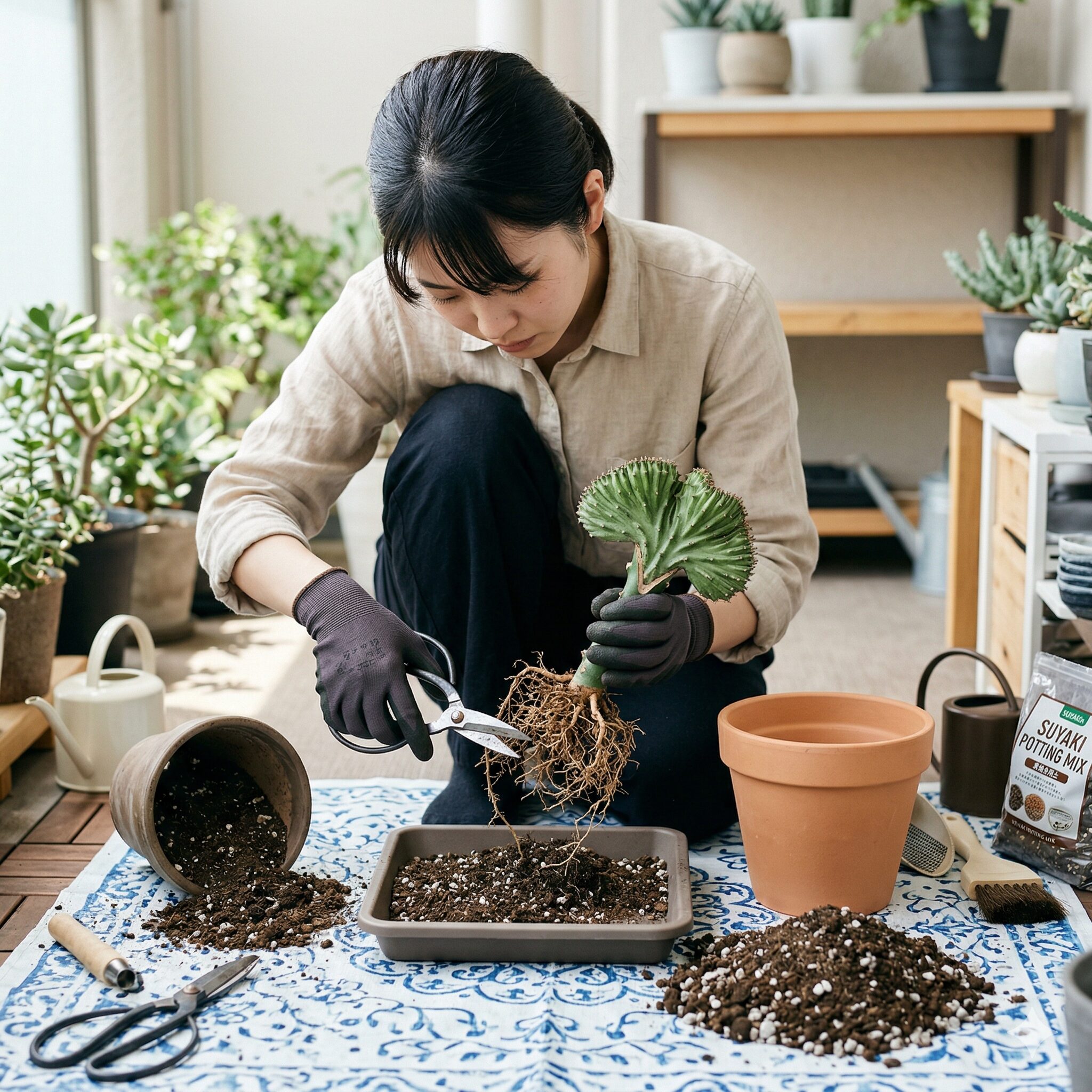 ユーフォルビア マハラジャ 寿命6 植え替えのために根を整理し素焼きの鉢へ移し替えるガーデニング作業