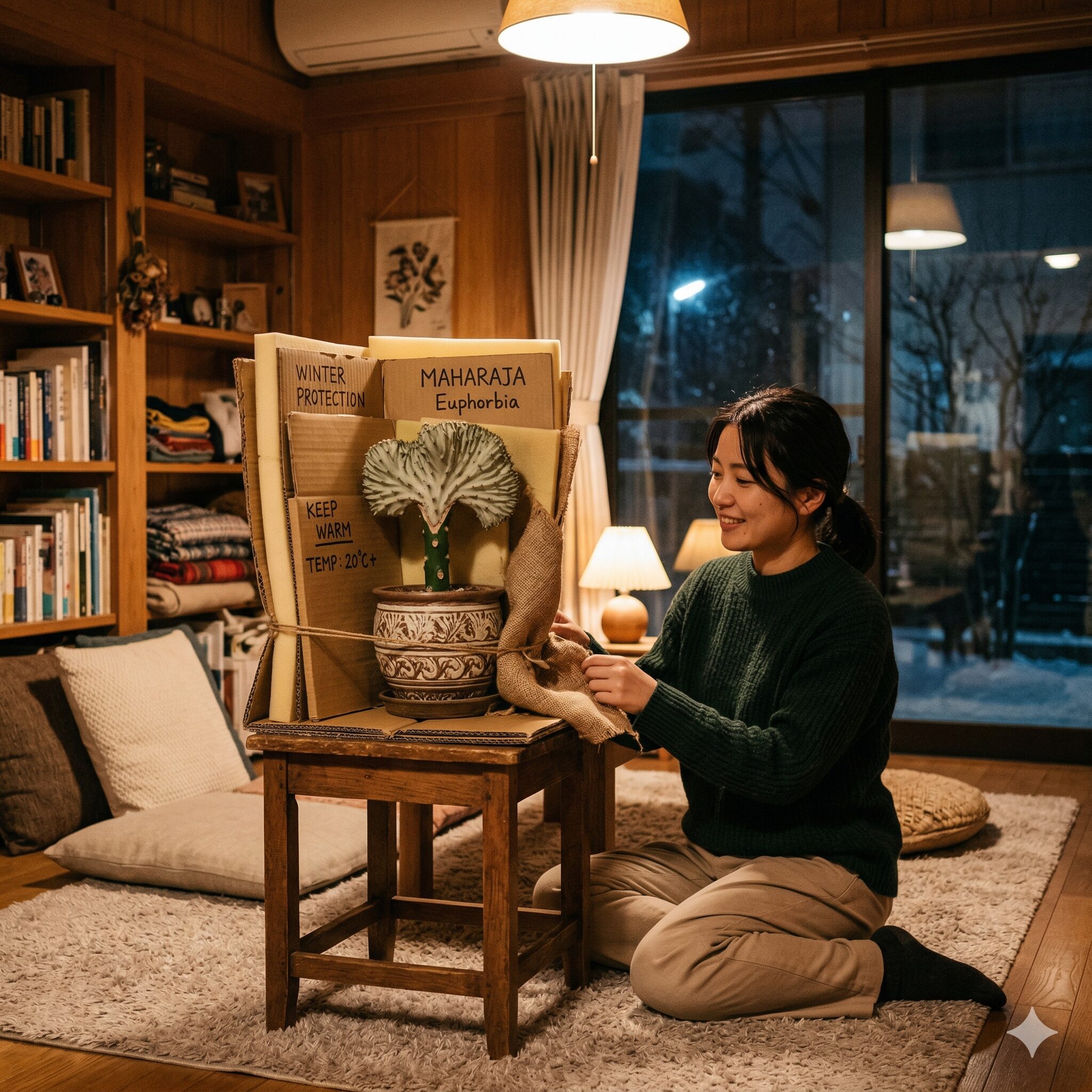 ユーフォルビア マハラジャ 寿命7 冬の夜間に窓際から部屋の中央へ避難させて防寒対策をしたマハラジャ