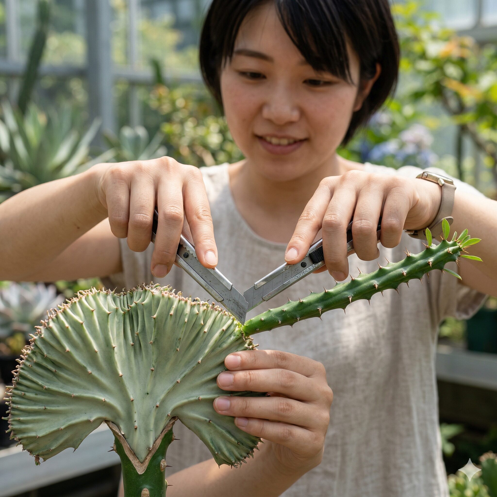 ユーフォルビア マハラジャ 寿命8 マハラジャから生えてきた先祖返りの枝を剪定して形を整える様子