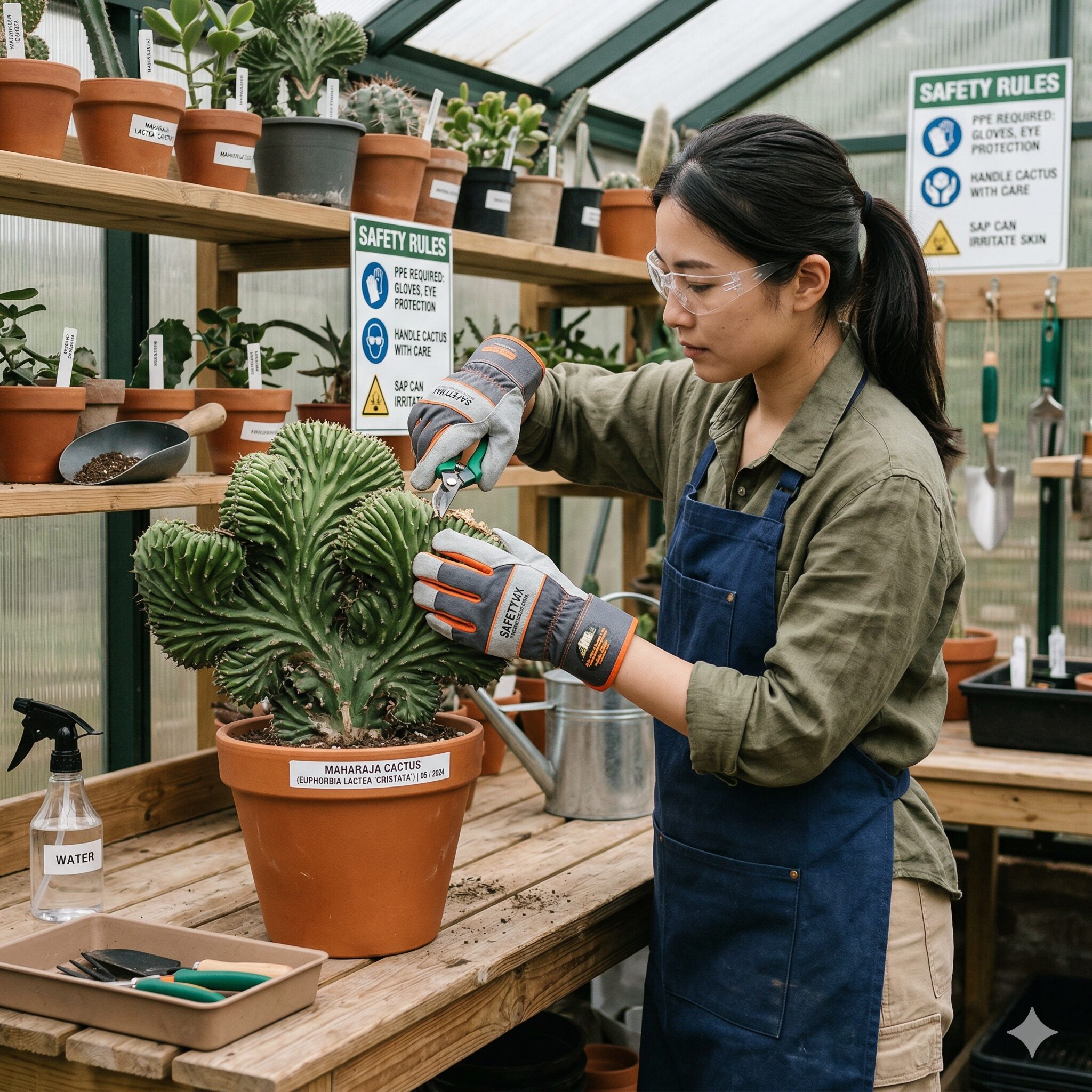 ユーフォルビア マハラジャ 寿命9 手袋と保護メガネを着用して安全にマハラジャのメンテナンスをする女性