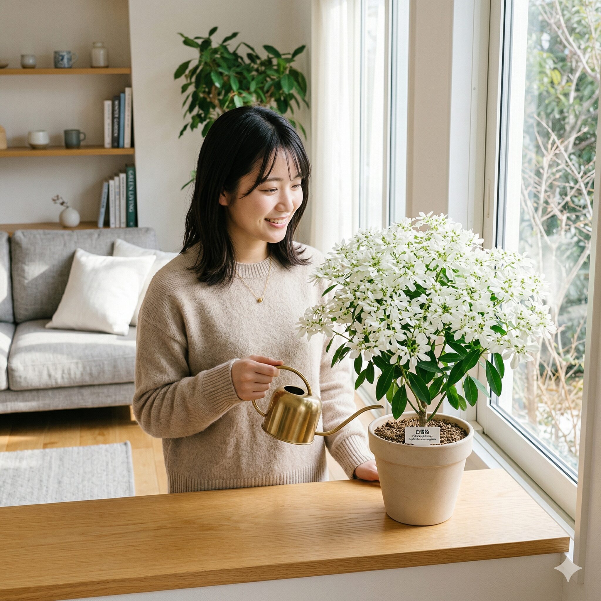 ユーフォルビア 白雪姫 育て方1　室内で美しく咲き誇る満開のユーフォルビア白雪姫の鉢植え