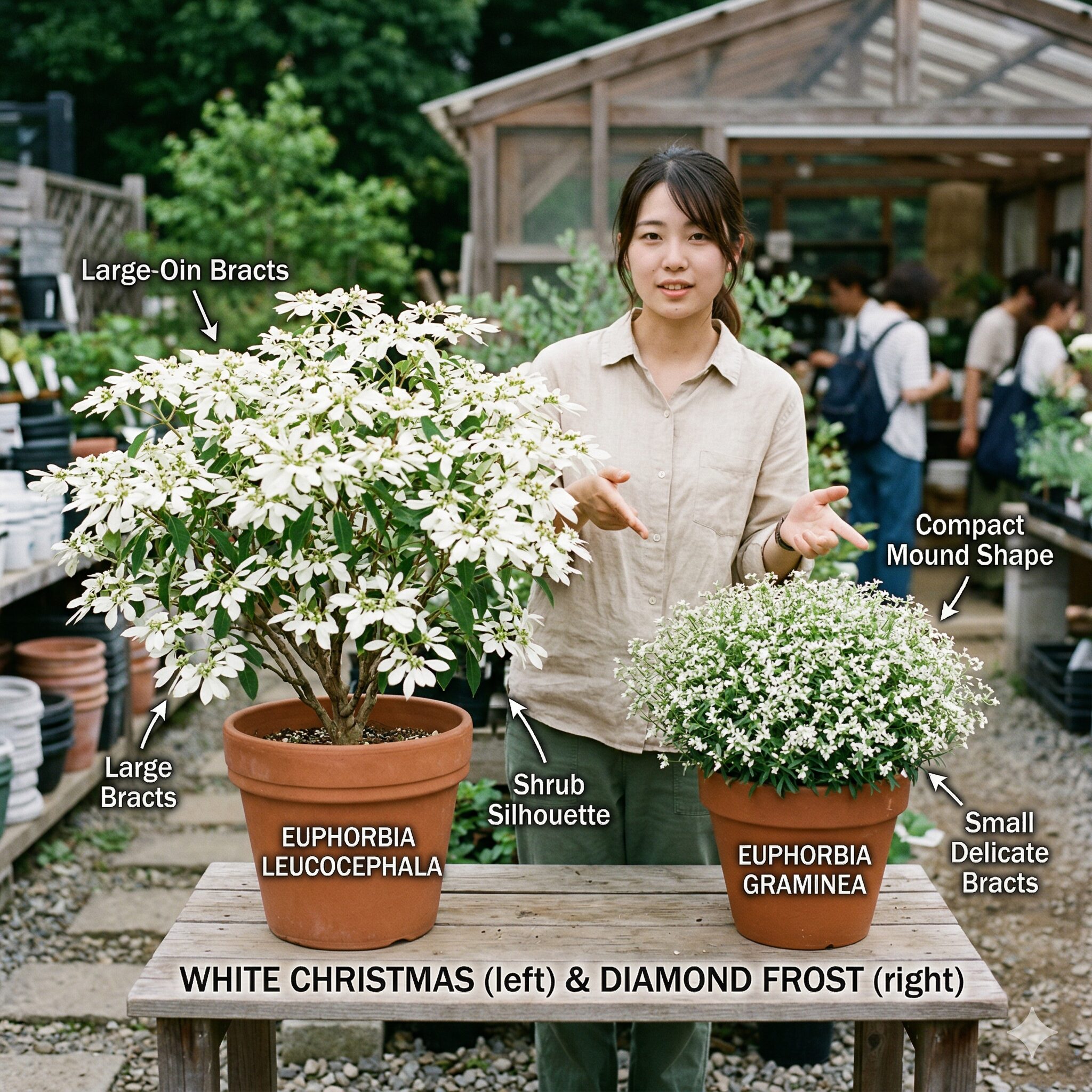 ユーフォルビア 白雪姫 育て方10　ユーフォルビア白雪姫（左）とダイヤモンドフロスト（右）の見た目の違いを比較