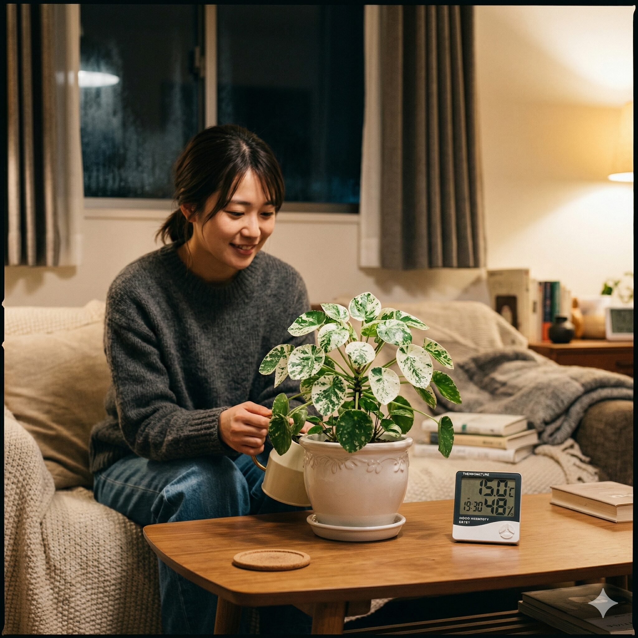 ユーフォルビア 白雪姫 育て方3　冬の夜間に室内の中央へ移動させ温度管理を行うユーフォルビア白雪姫