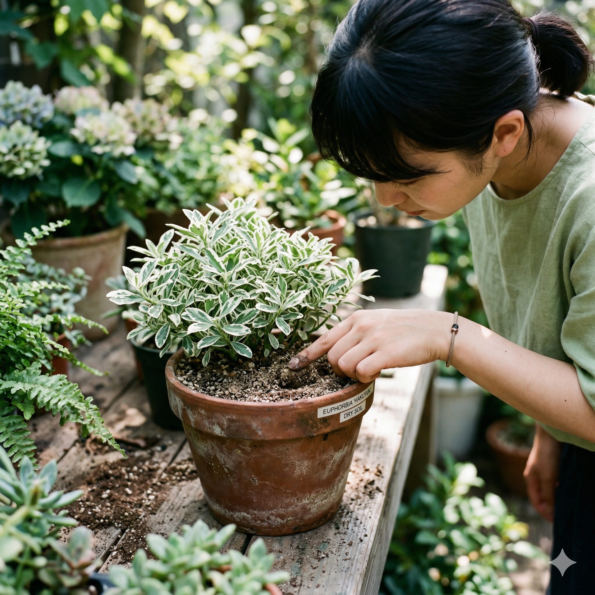 ユーフォルビア 白雪姫 育て方5　ユーフォルビア白雪姫の水やりタイミングを判断するために土の乾燥を確認する様子