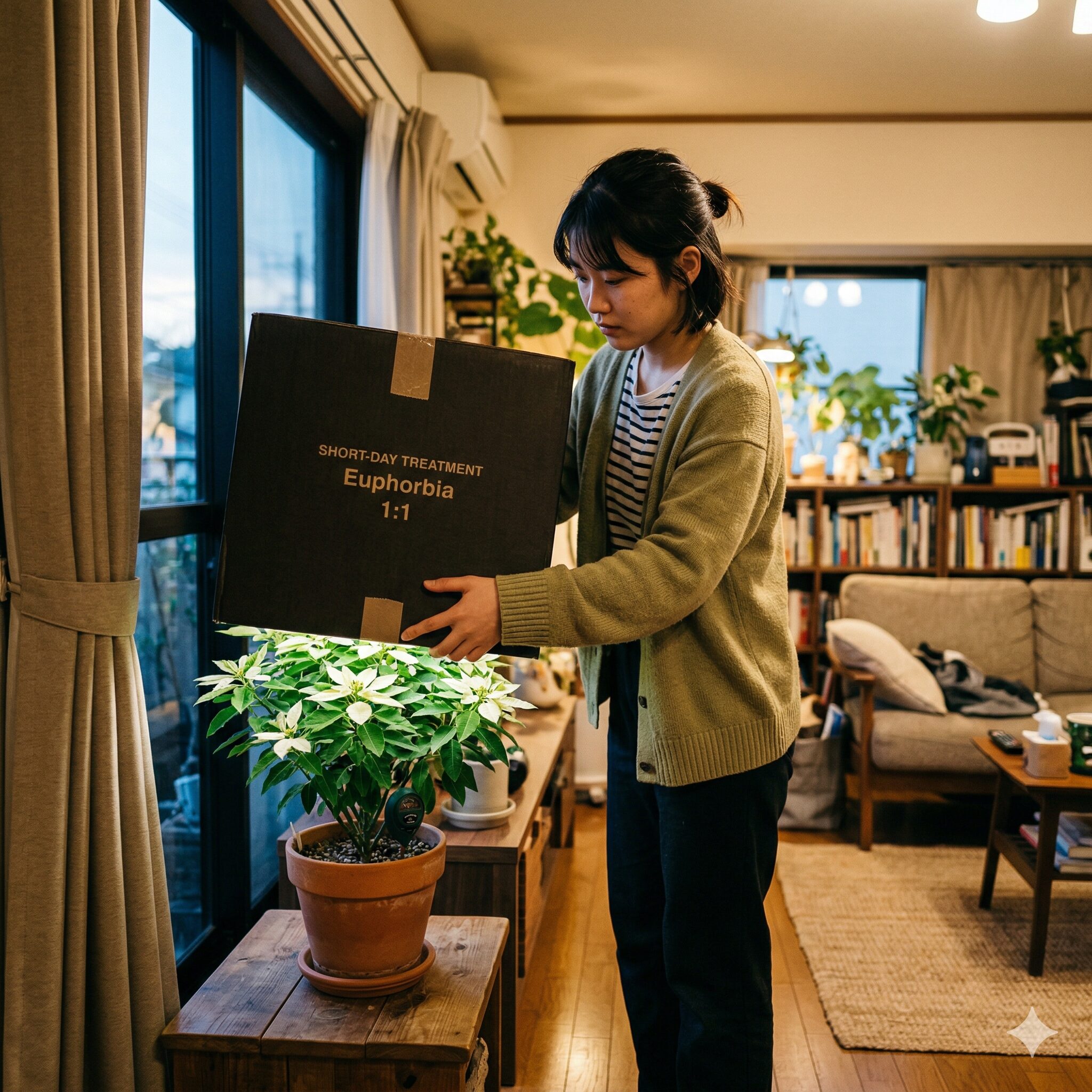 ユーフォルビア 白雪姫 育て方6　ユーフォルビア白雪姫を白く色づかせるための段ボールを用いた短日処理の様子