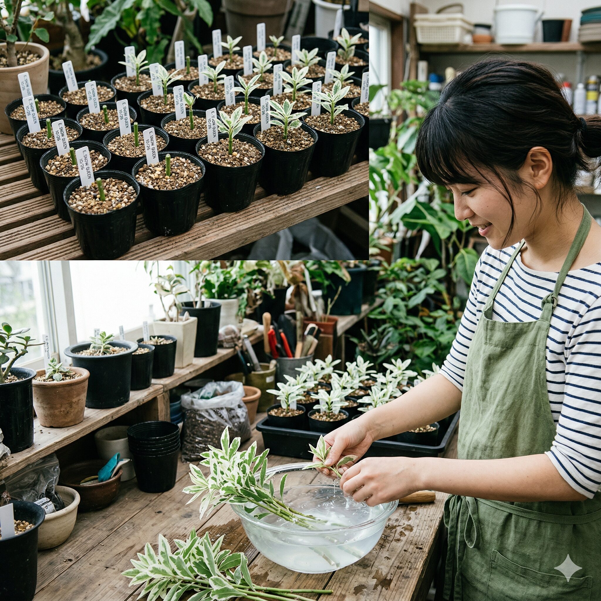 ユーフォルビア 白雪姫 育て方8　ユーフォルビア白雪姫の挿し木の手順（切り口の洗浄と土への挿し付け）
