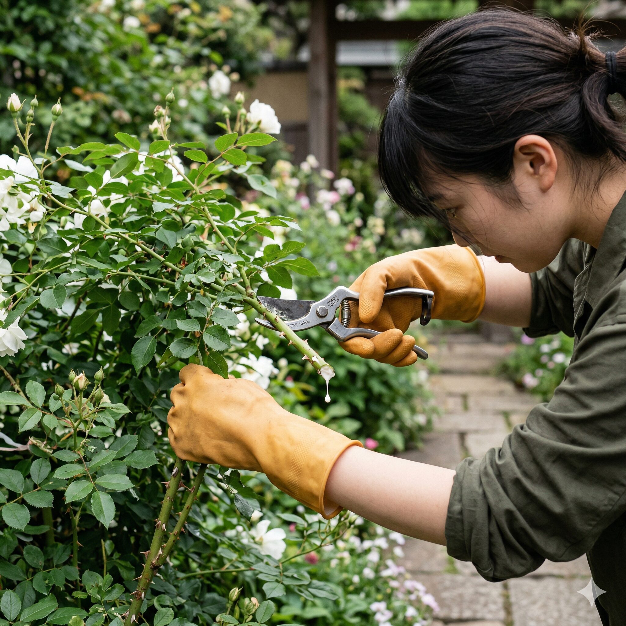 ユーフォルビア 白雪姫 育て方9　ユーフォルビアの毒性がある白い汁に触れないようゴム手袋をして作業する様子