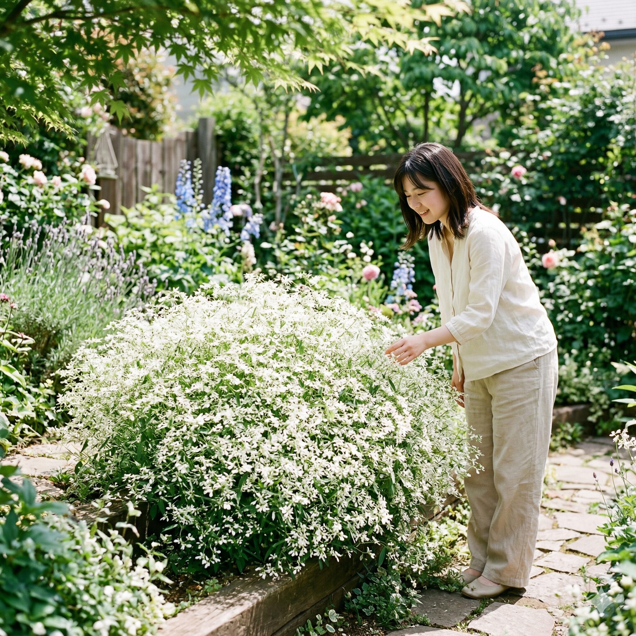 ユーフォルビアダイアモンドフロスト1　庭でふんわりと満開に咲いた純白のユーフォルビアダイアモンドフロスト