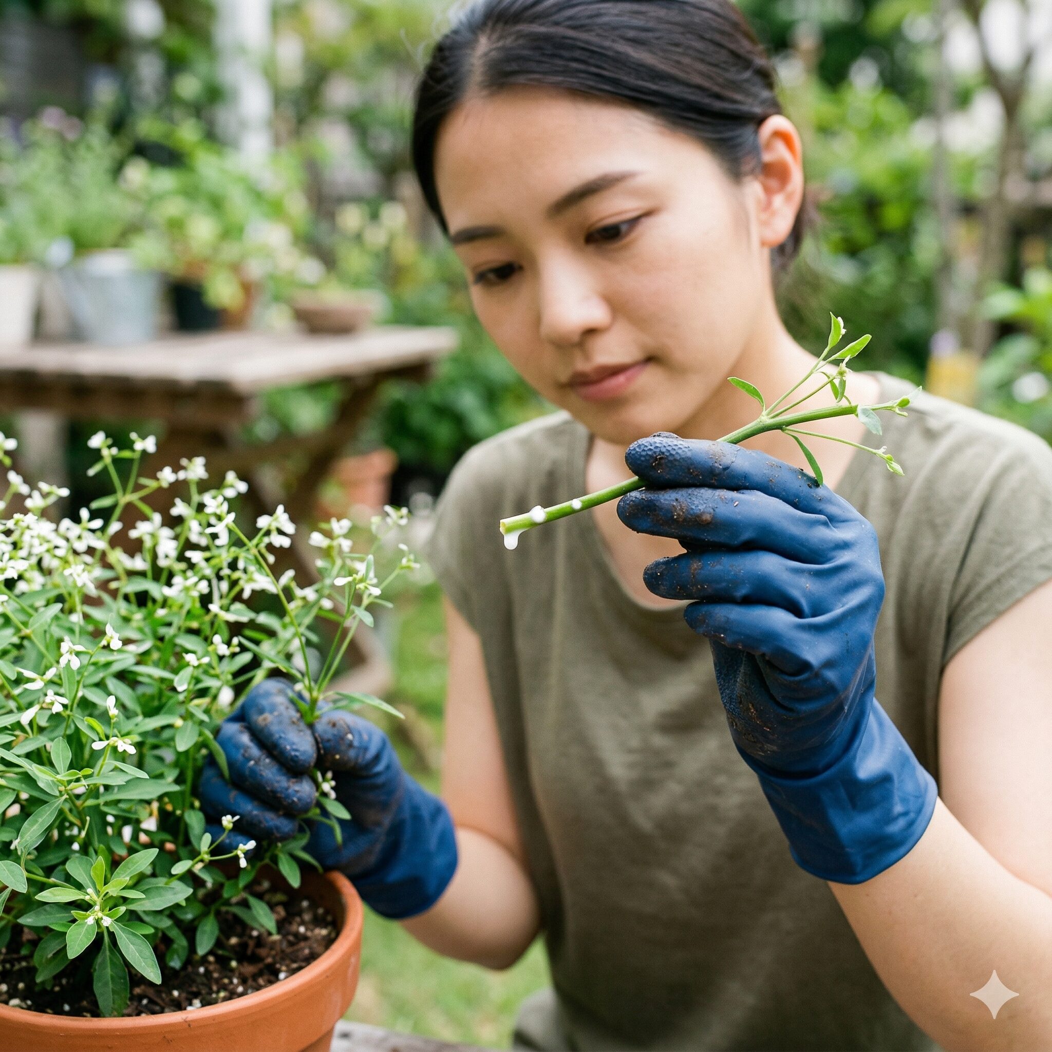 ユーフォルビアダイアモンドフロスト10 毒性のある白い汁に触れないよう手袋をしてユーフォルビアダイアモンドフロストを扱う様子