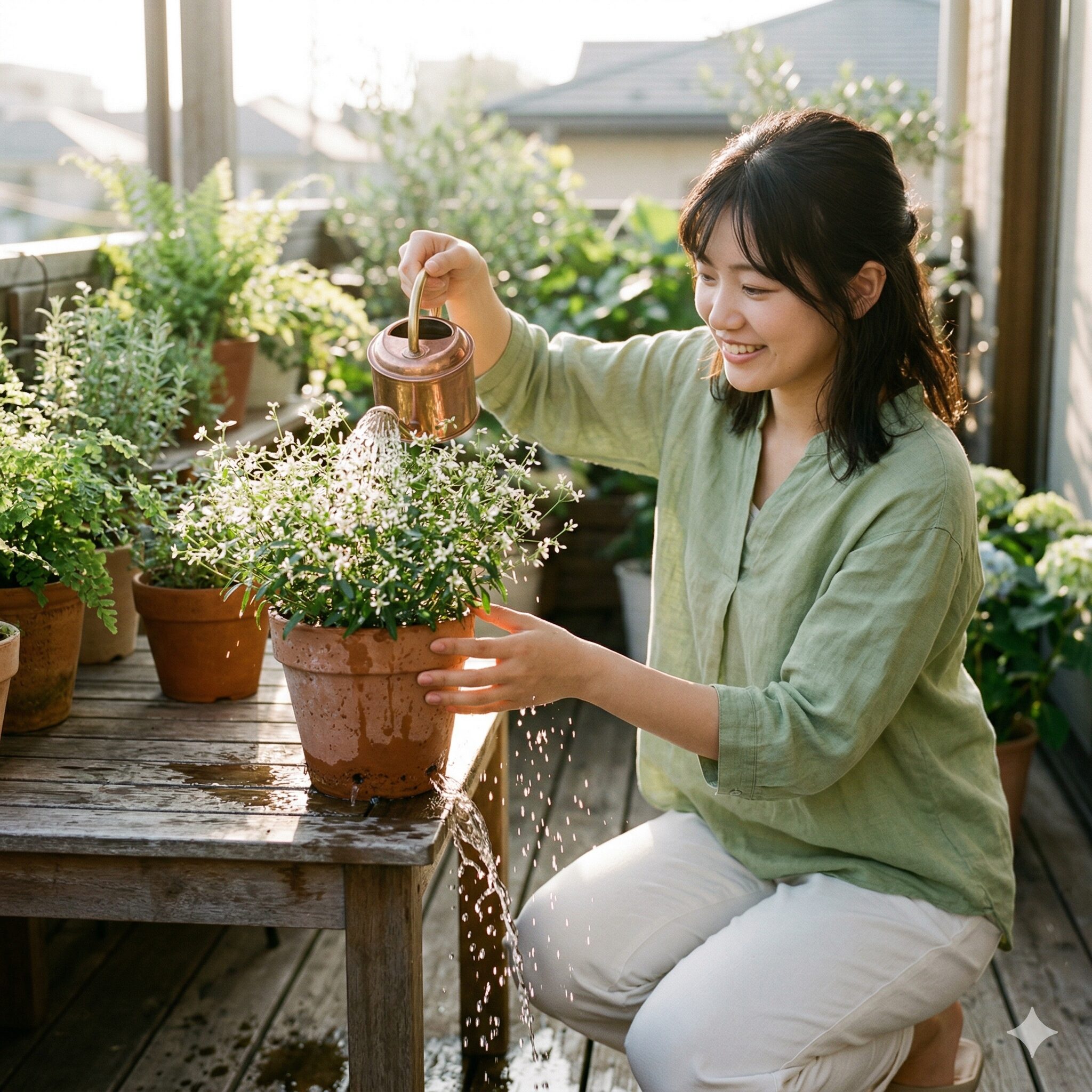 ユーフォルビアダイアモンドフロスト4 ユーフォルビアダイアモンドフロストの鉢植えにたっぷりと水やりをする様子