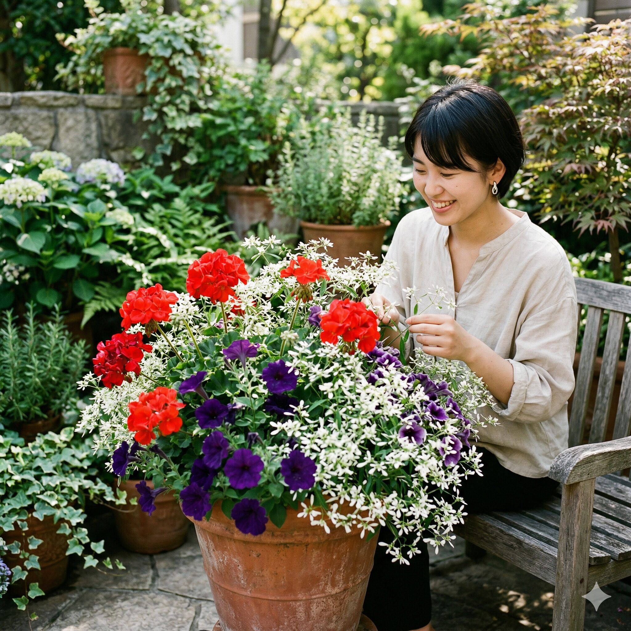 ユーフォルビアダイアモンドフロスト7 赤や紫の花とユーフォルビアダイアモンドフロストを組み合わせたおしゃれな寄せ植え