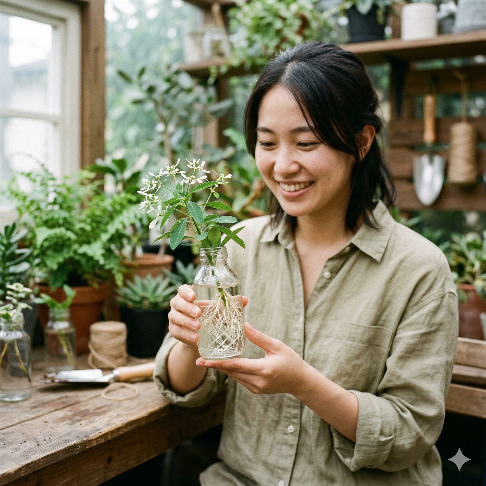 ユーフォルビアダイアモンドフロスト9 水挿しで白い根が十分に発根したユーフォルビアダイアモンドフロストの挿し穂