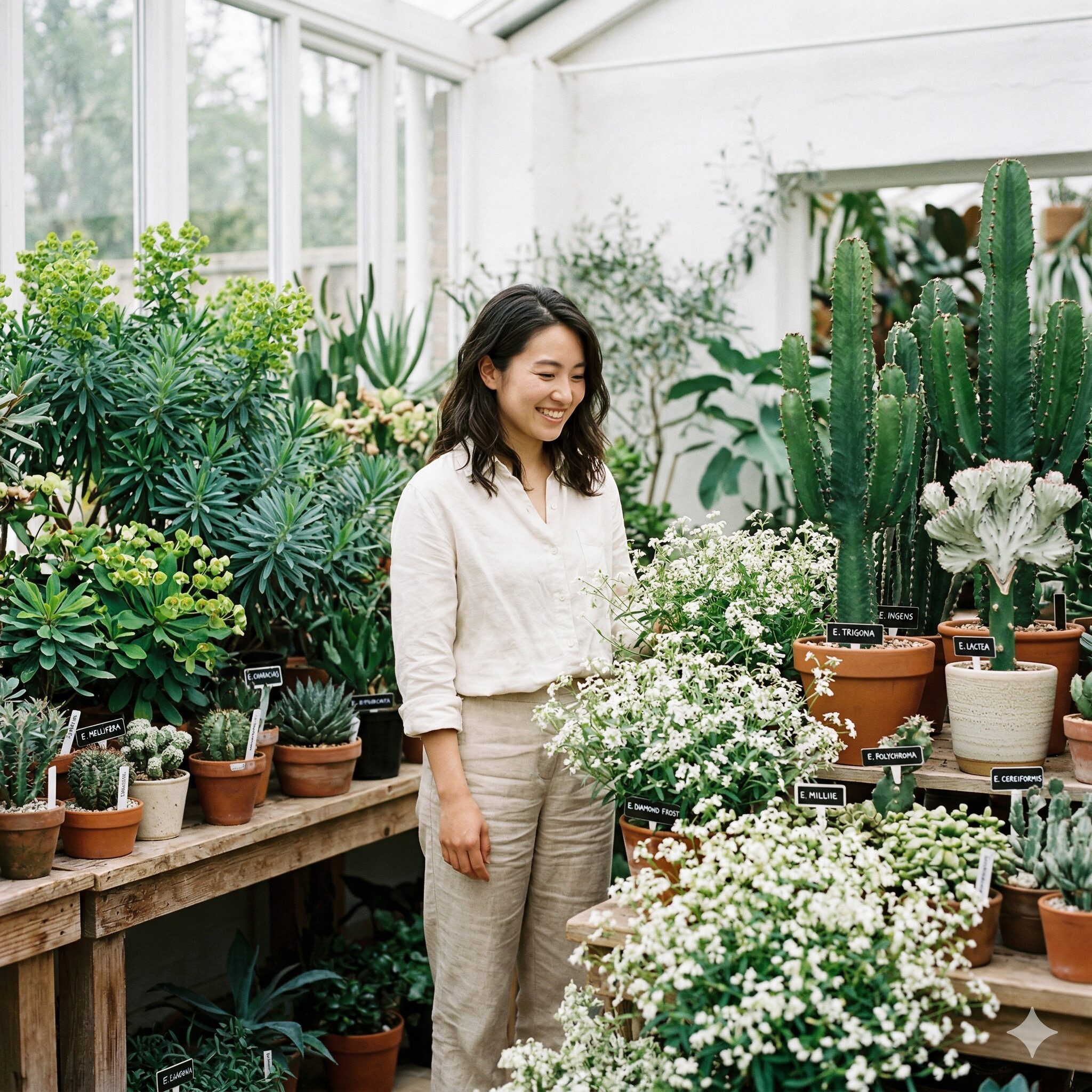 ユーフォルビア一覧1　形状やサイズが異なる多様なユーフォルビアの品種が並んでいる様子