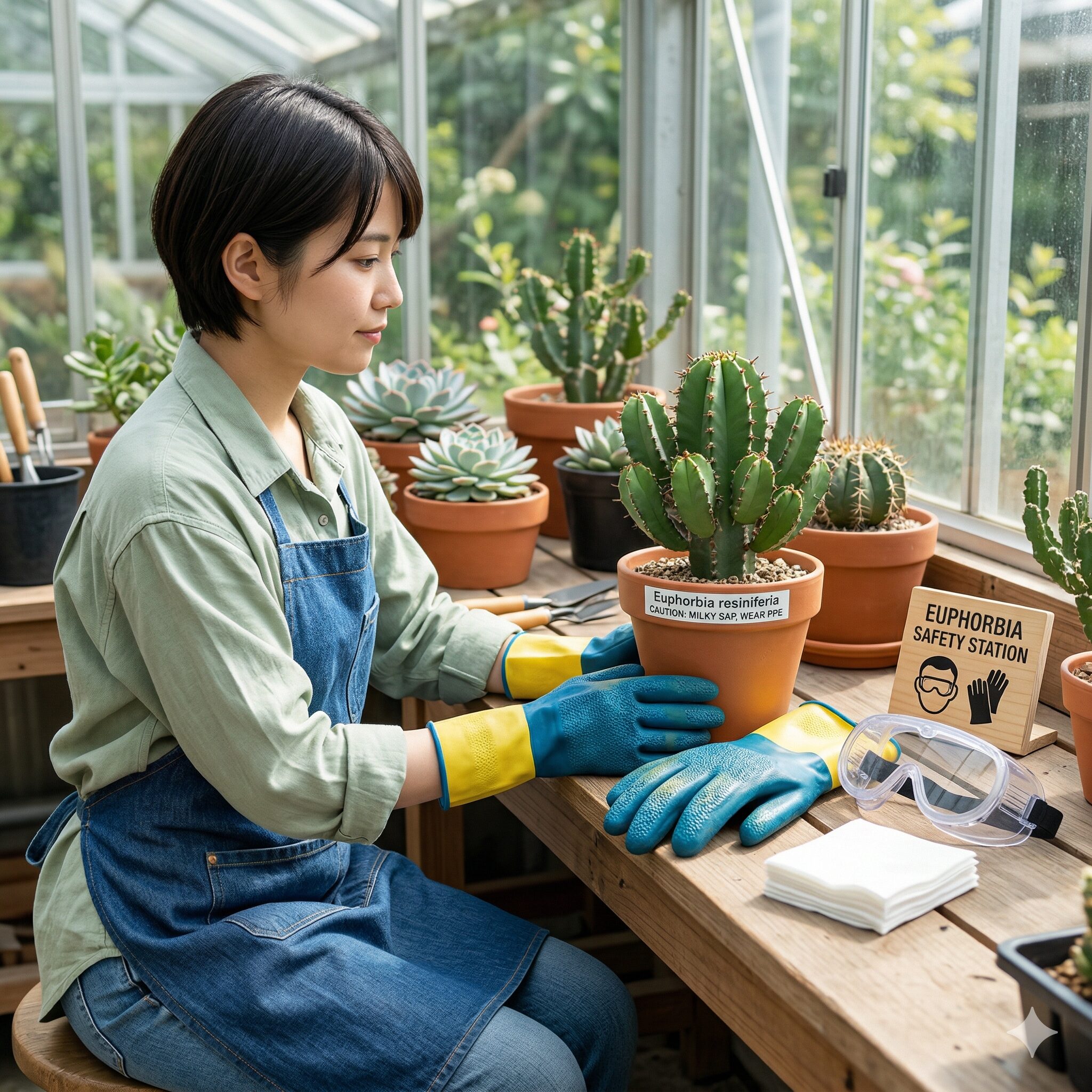 ユーフォルビア一覧10 ユーフォルビアの毒性から身を守るためのゴム手袋と保護ゴーグルの準備
