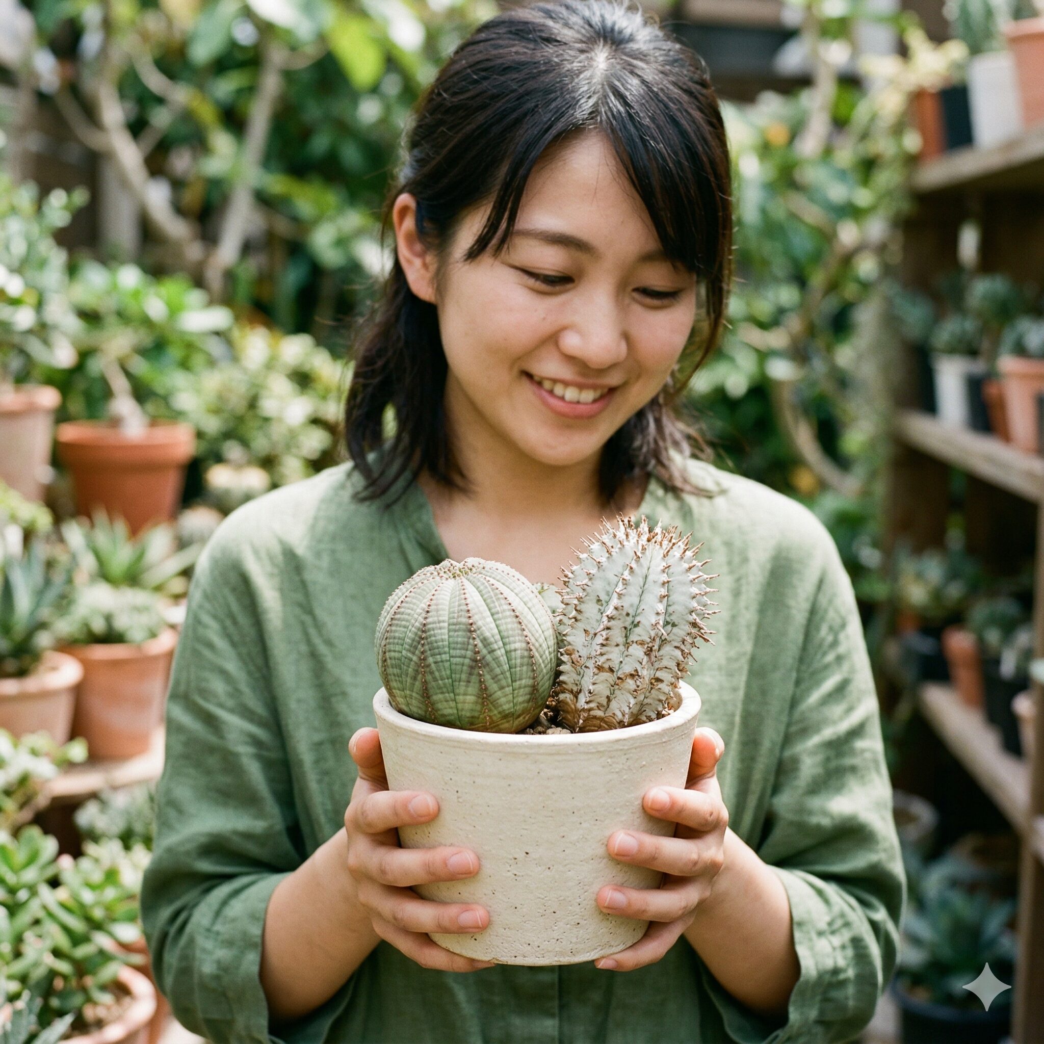 ユーフォルビア一覧2 特徴的な模様のユーフォルビア・オベサと白い肌が美しいホリダの鉢植え