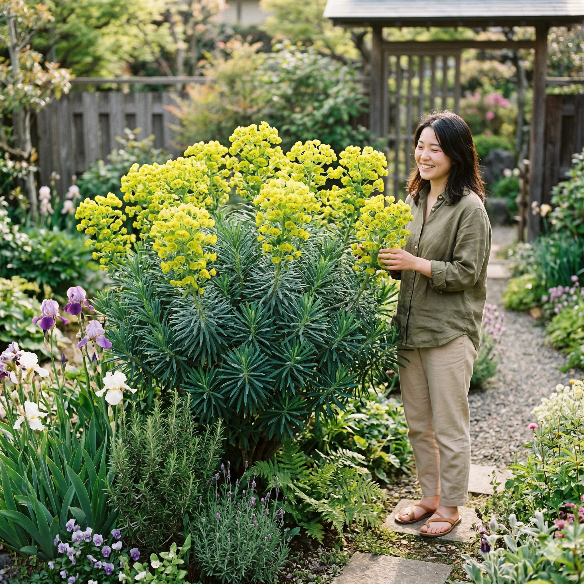 ユーフォルビア一覧3 庭で大きく成長し黄緑色の苞葉を咲かせたユーフォルビア・ウルフェニー