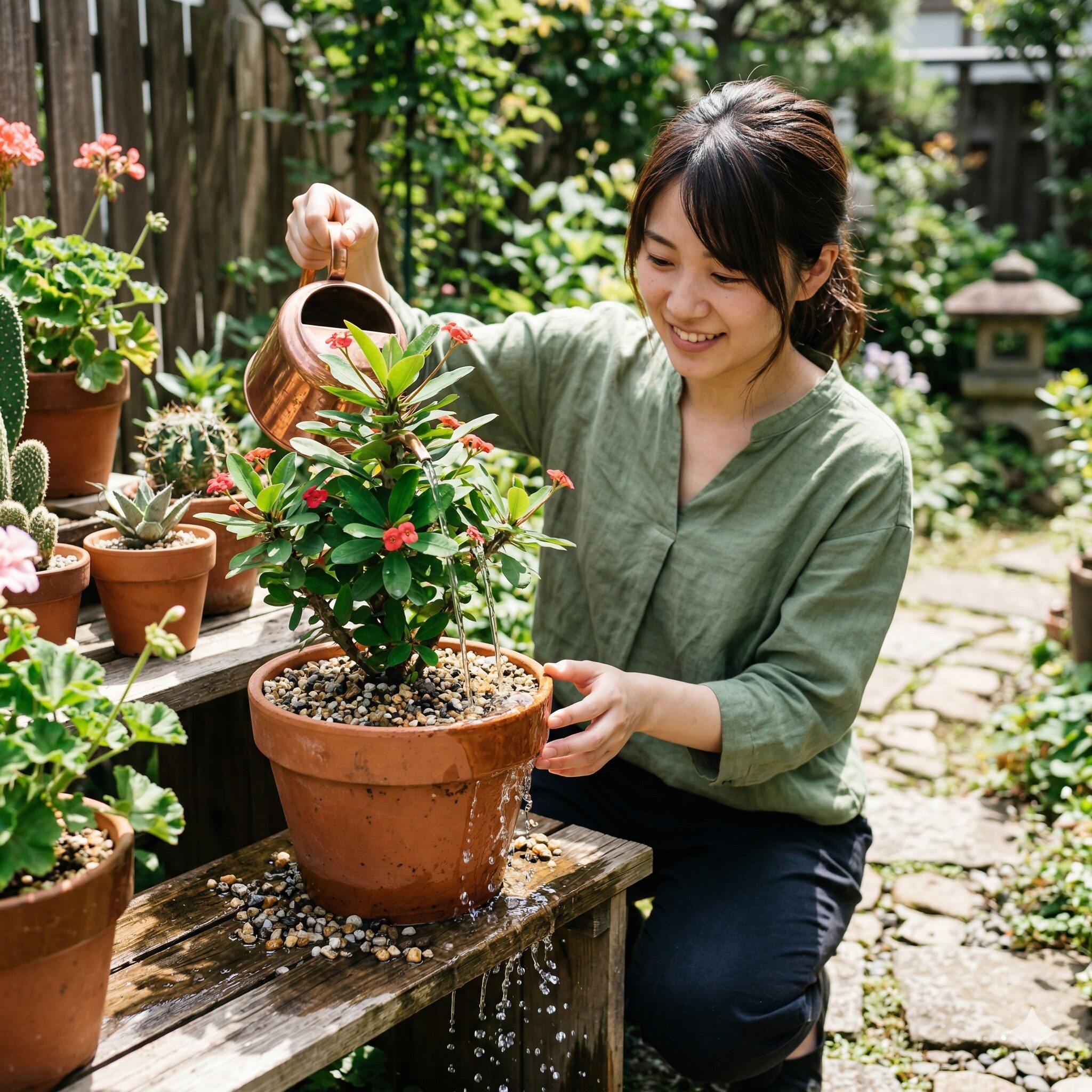 ユーフォルビア一覧6 日当たりの良い場所で排水性の良い土に植えられたユーフォルビアへの水やり