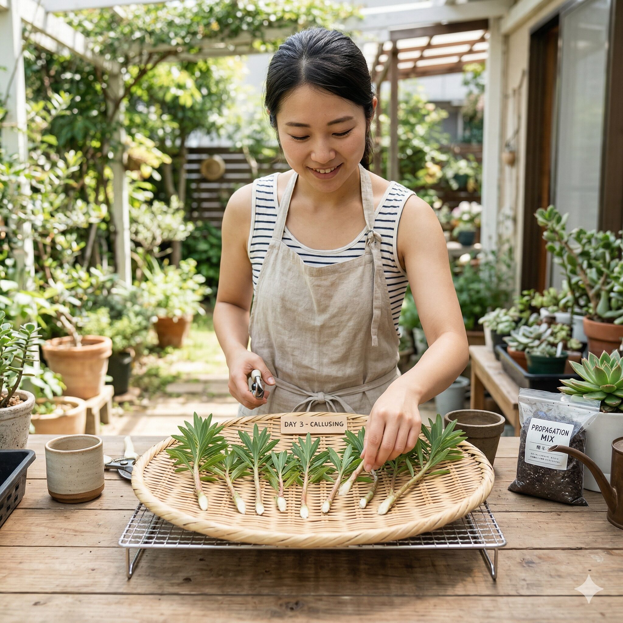 ユーフォルビア一覧9 挿し木のために切り口を洗い流し日陰で乾燥させているユーフォルビアの枝