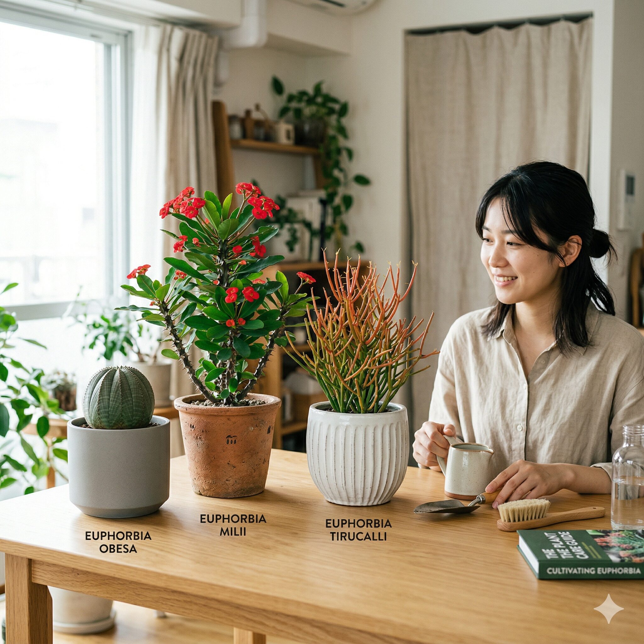 ユーフォルビア育て方1　形態が異なる多様なユーフォルビア（オベサ、ハナキリン、ミルクブッシュ）の品種比較イメージ