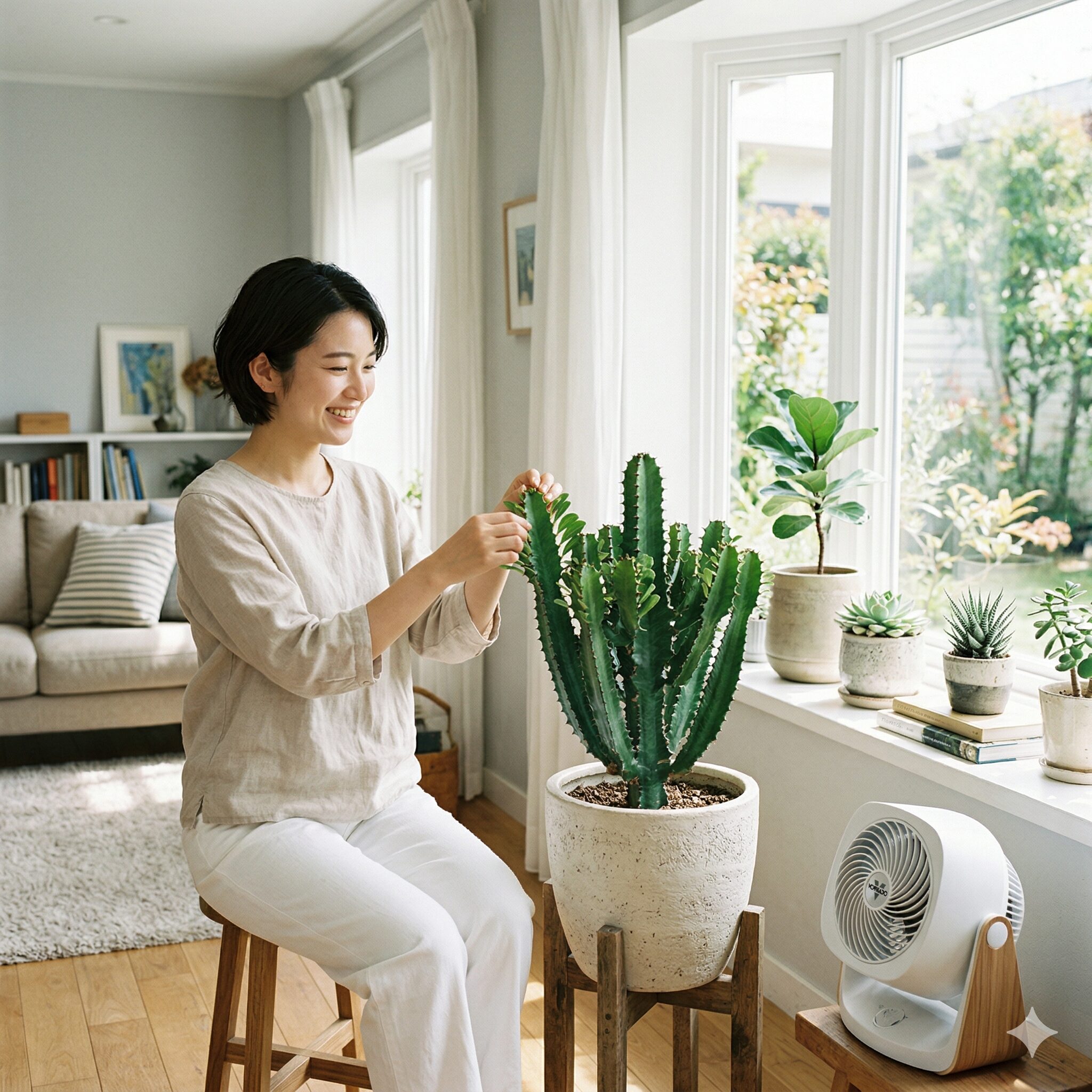 ユーフォルビア育て方2　ユーフォルビアの徒長を防ぐための日当たりの良い窓際とサーキュレーターによる風通し