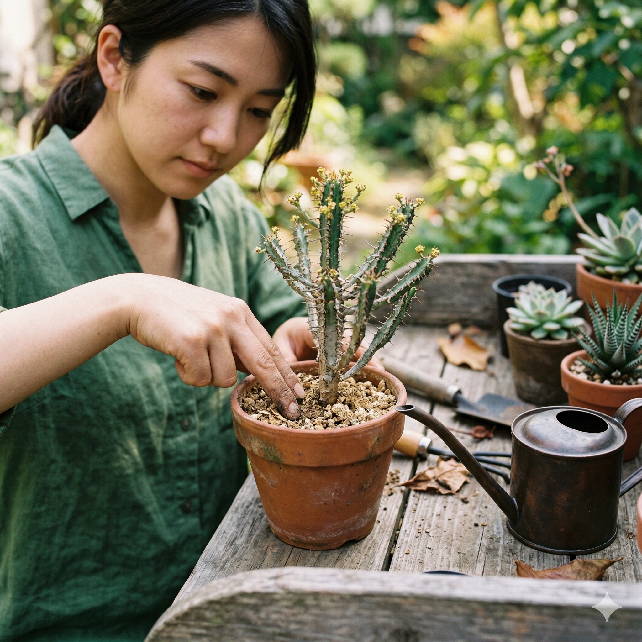 ユーフォルビア育て方3　ユーフォルビアの水やりタイミングを判断するために指で土の乾き具合を確認する様子