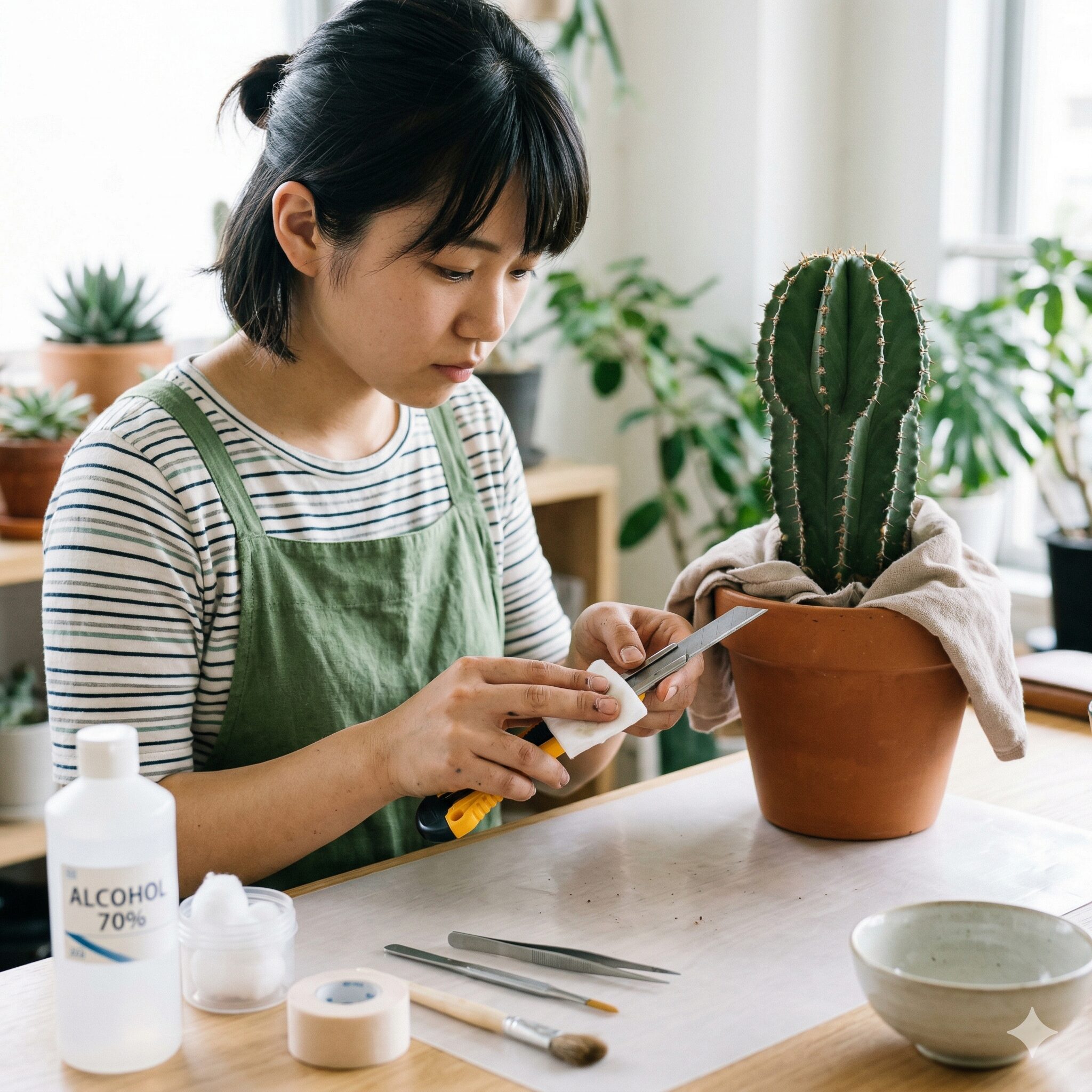 ユーフォルビア育て方6　ユーフォルビアの胴切り前に雑菌の侵入を防ぐためカッターをアルコール消毒する手順