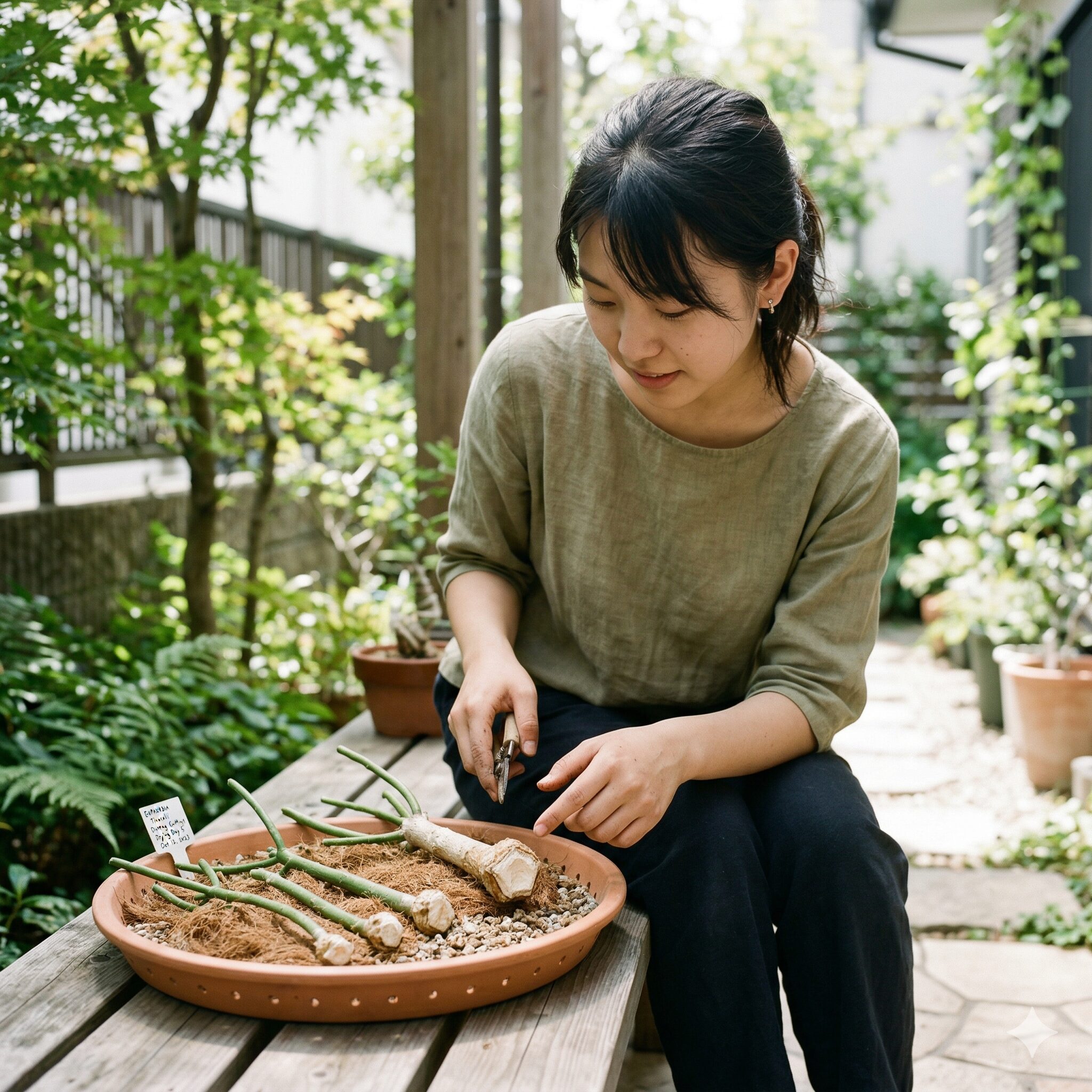 ユーフォルビア育て方7　挿し木を成功させるために切り口を数日間しっかり乾燥させているユーフォルビアの挿し穂