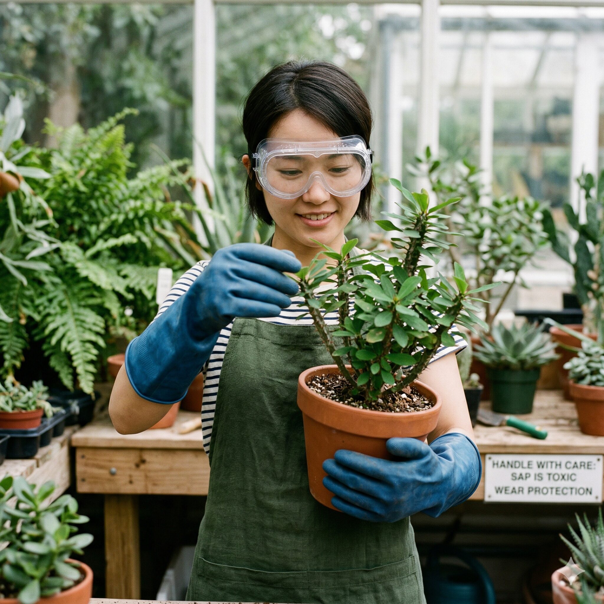 ユーフォルビア育て方8　毒性のある白い樹液（ラテックス）から身を守るためのゴム手袋と保護メガネの着用