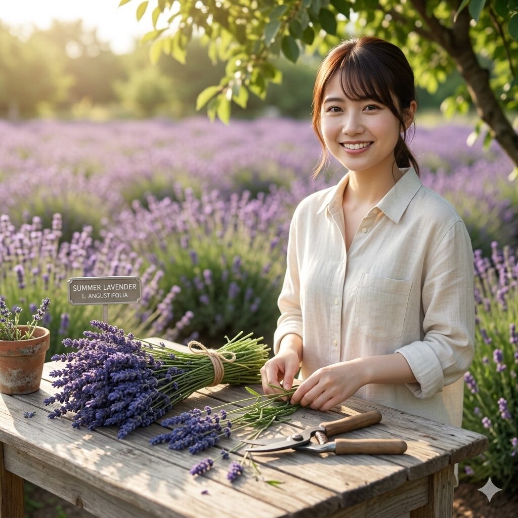 ラベンダー 収穫したら1　初夏の庭で収穫されたばかりのフレッシュなラベンダーの束と園芸用ハサミ