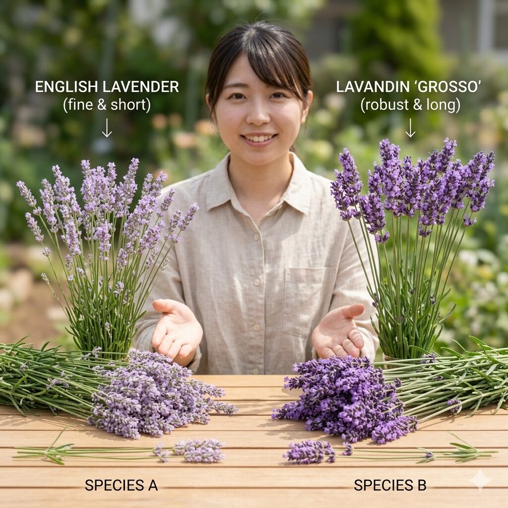 ラベンダー 収穫したら10 茎の長さや花の形が異なるイングリッシュ系とラバンディン系ラベンダーの比較