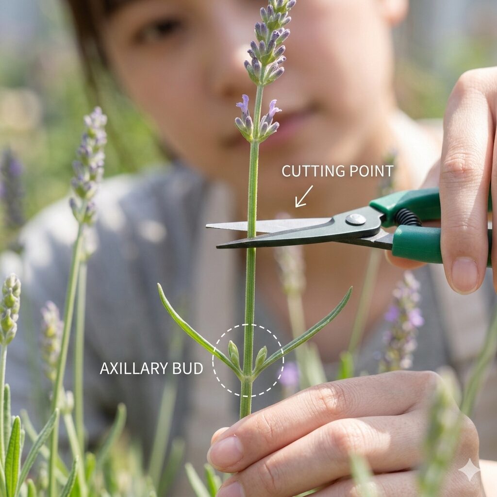 ラベンダー 収穫したら2 ラベンダーの剪定で重要な新芽の数センチ上をカットする位置の解説写真