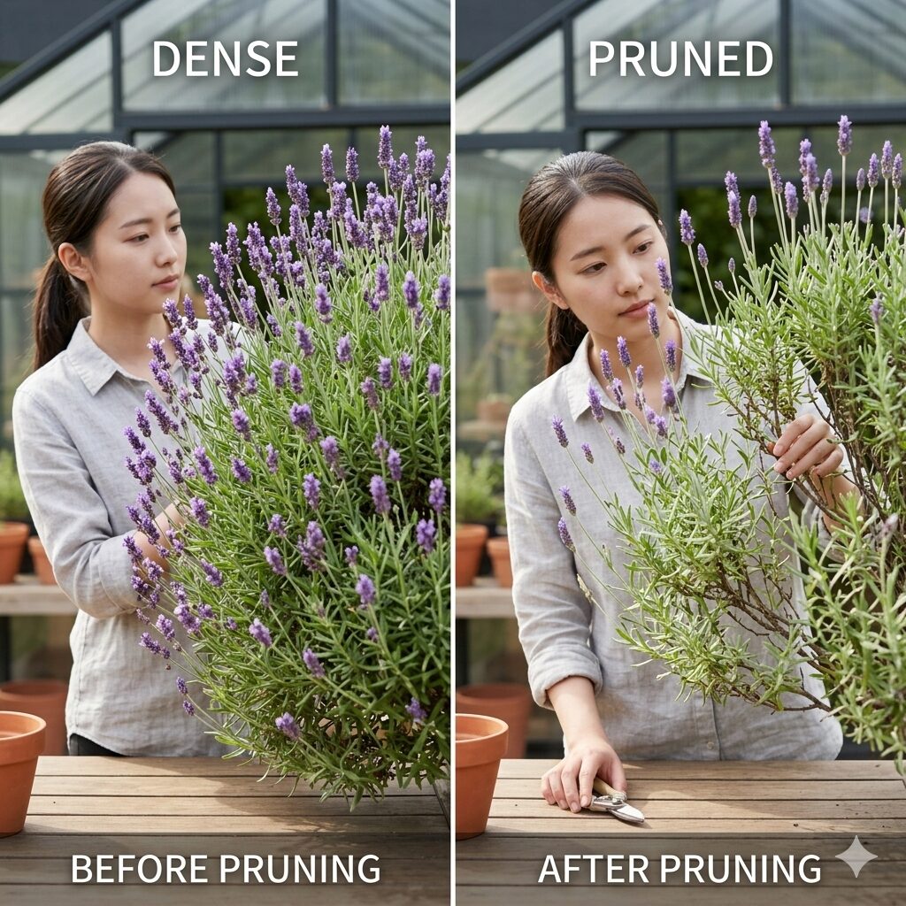 ラベンダー 収穫したら3 枝抜き剪定によって株内部の通気性が改善されたラベンダーのビフォーアフター