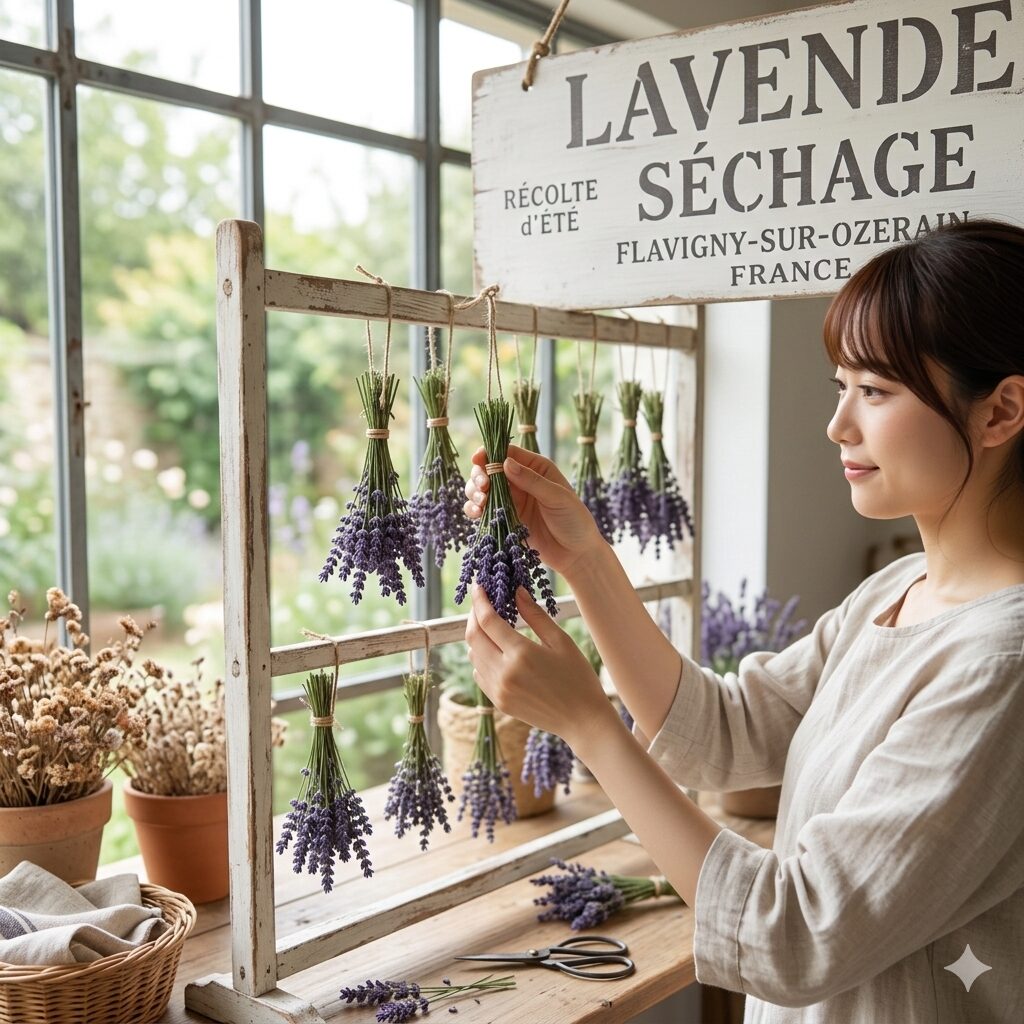 ラベンダー 収穫したら6 ハンギング法で室内干しされているラベンダーのドライフラワー