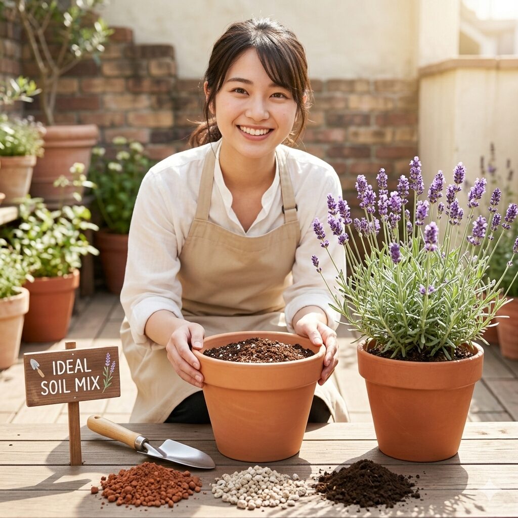 ラベンダー 土 配合1　ラベンダー栽培に最適な土の配合と鉢植え・地植えの成功をイメージさせるアイキャッチ画像