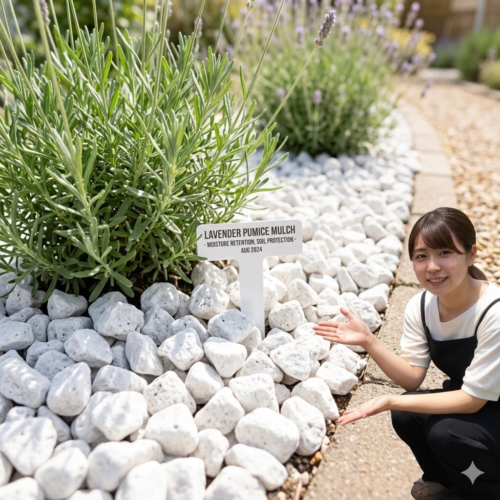 ラベンダー 土 配合10 地温上昇と病気を防ぐために大粒の軽石でマルチングされたラベンダーの株元